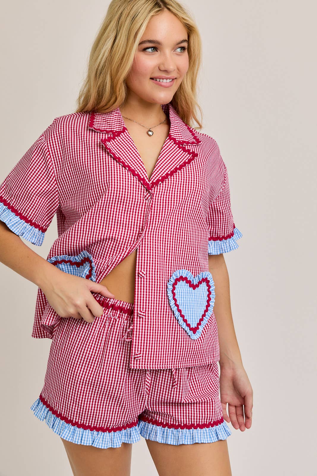 PAJAMA TOP WITH HEART SHAPE POCKET ON THE FRONT WITH SHORTS