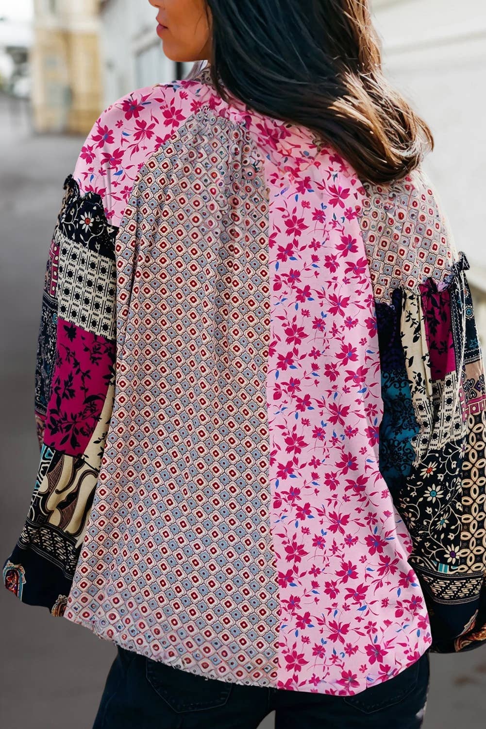 Boho Mixed Floral Patch Bubble Sleeve Blouse