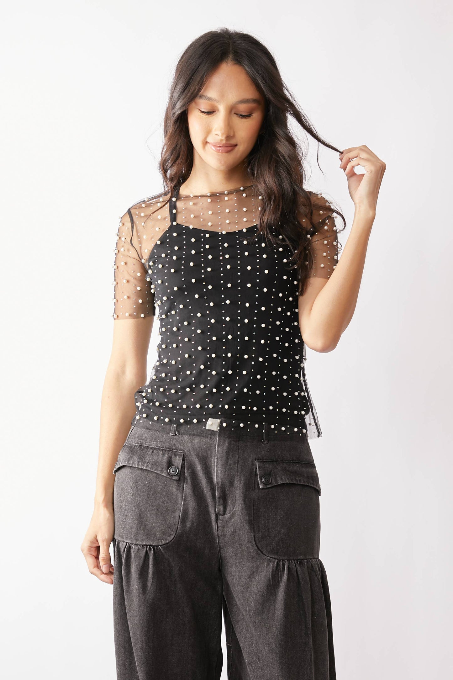 BEAD AND PEARL EMBELLISHED SHORT SLEEVES MESH TOP