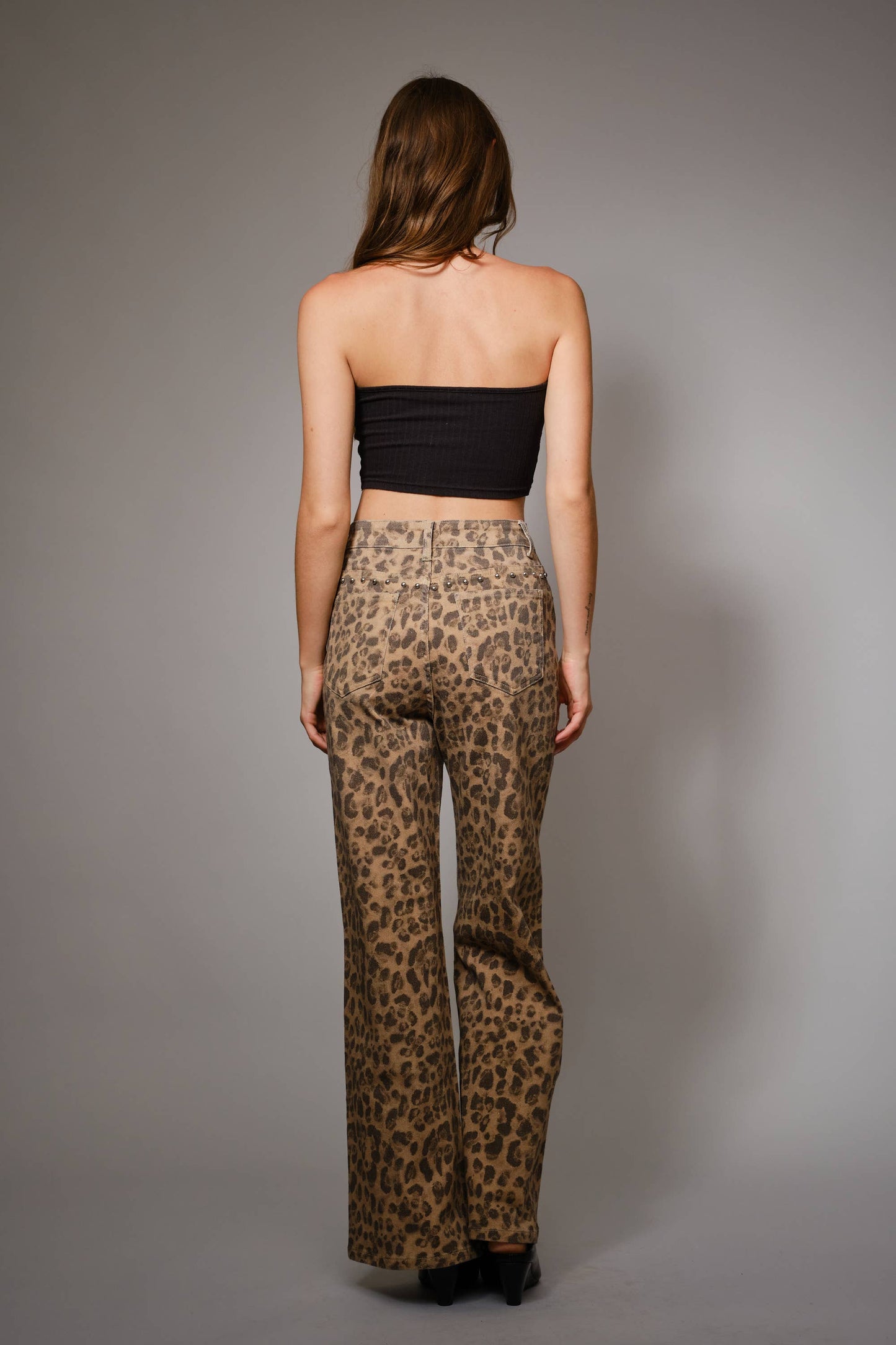 91605P - Washed Leopard Print Stud Pants