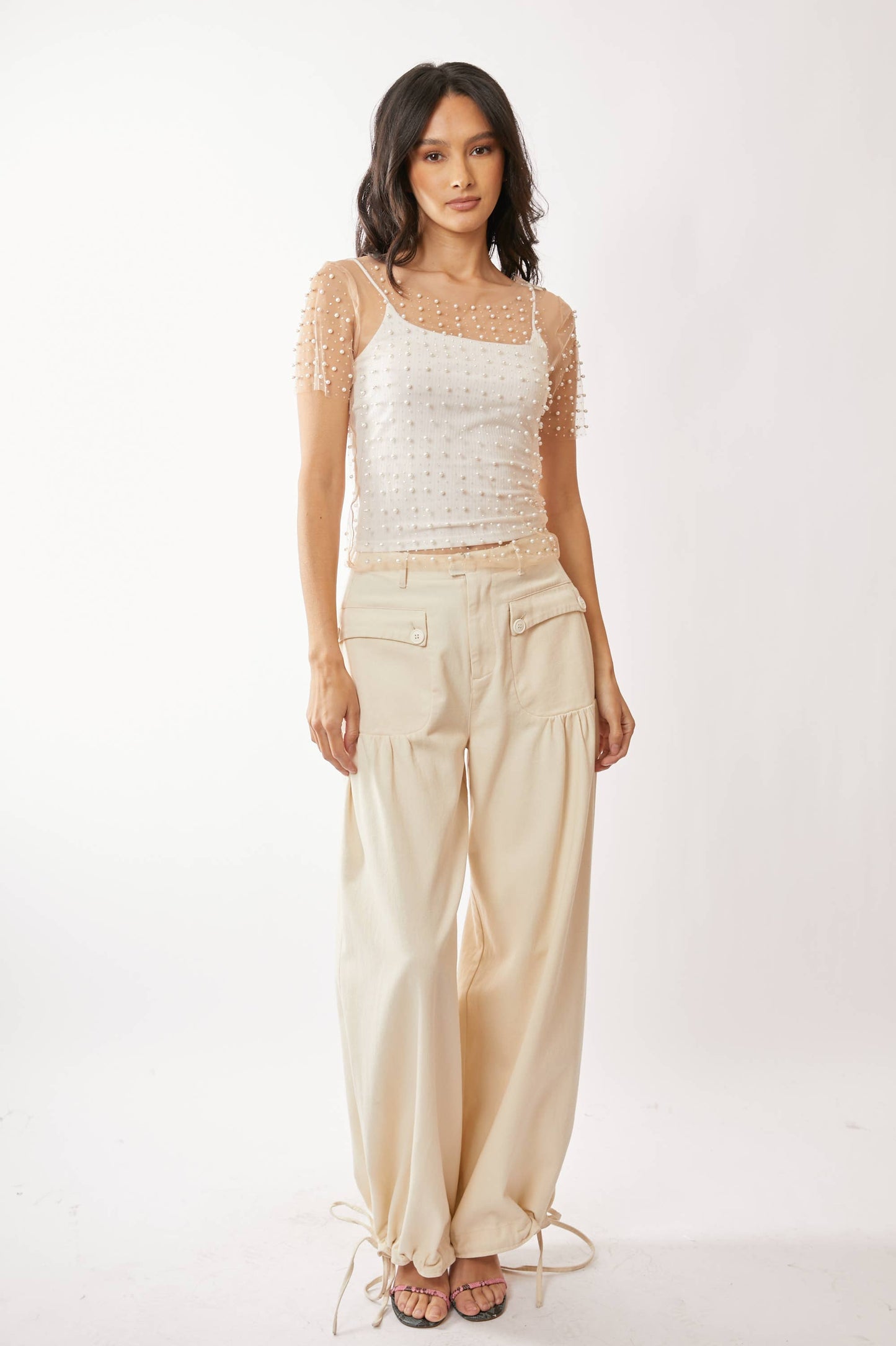 BEAD AND PEARL EMBELLISHED SHORT SLEEVES MESH TOP