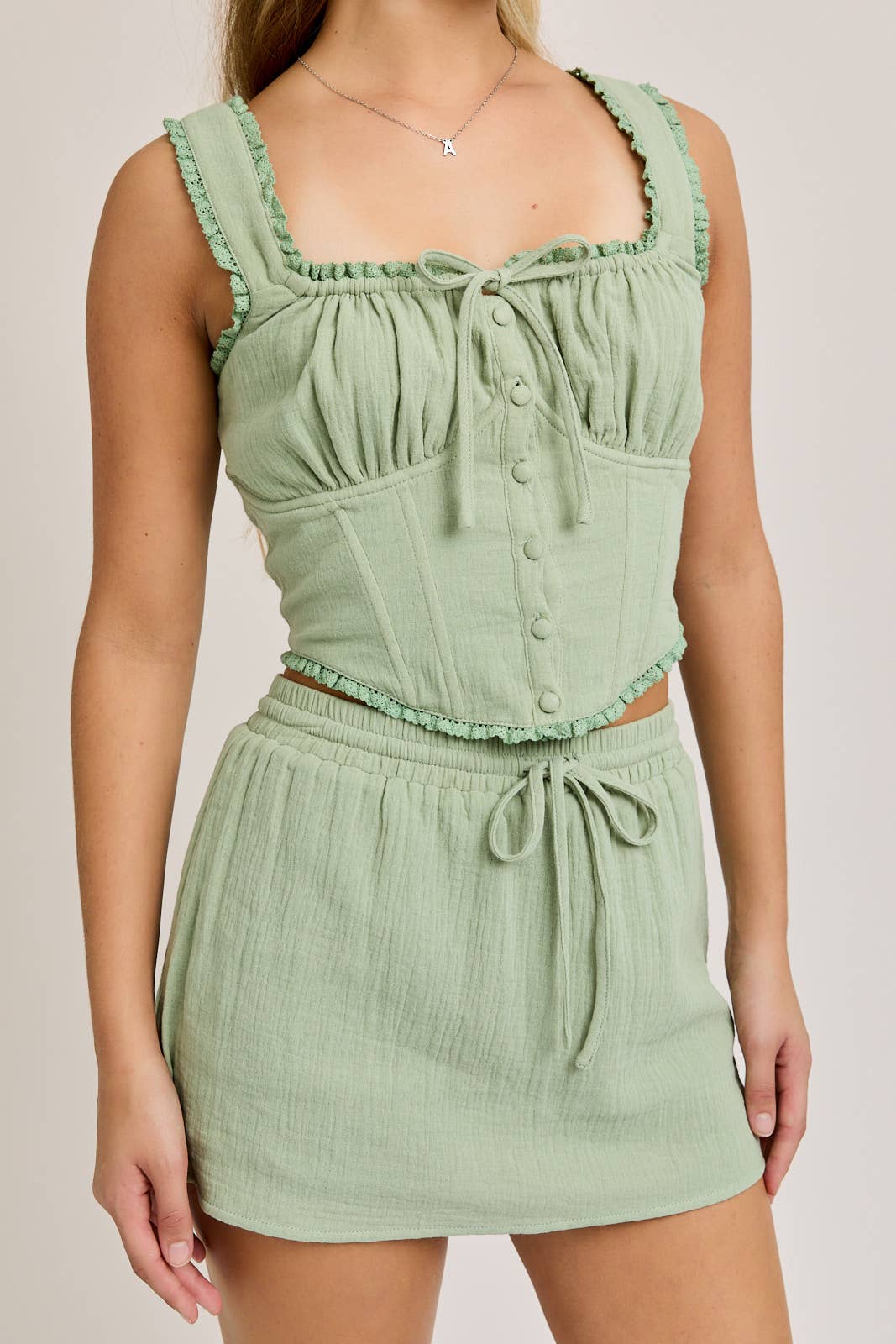 LACE TRIM DETAIL SMOCKED CORSET TOP WITH MINI SKORT