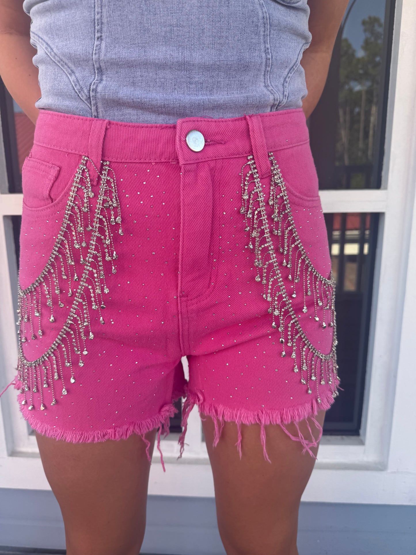 Sprinkle Gem Double Rhinestone Fringe Denim Shorts