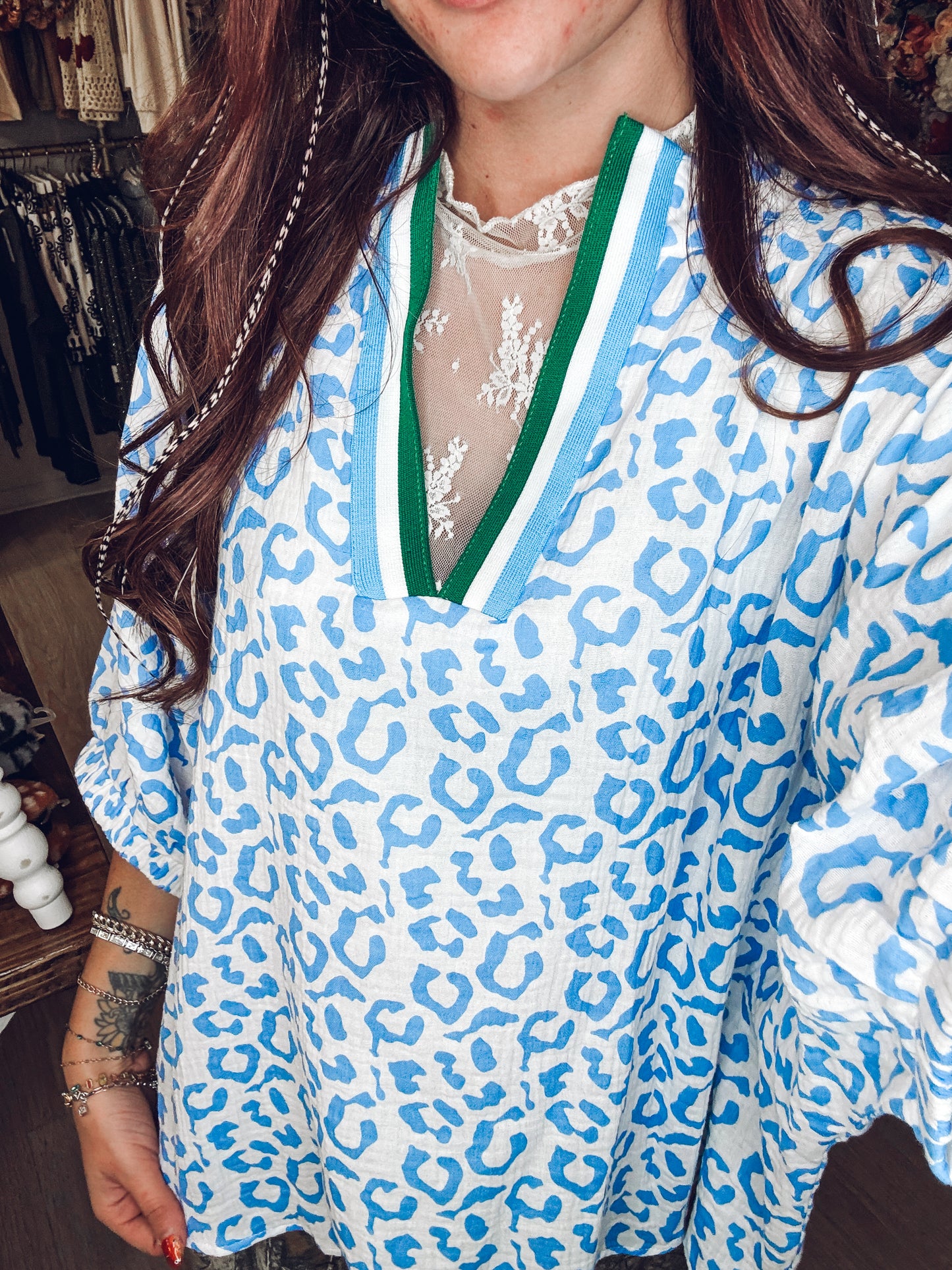 Blue Leopard Blouse Top
