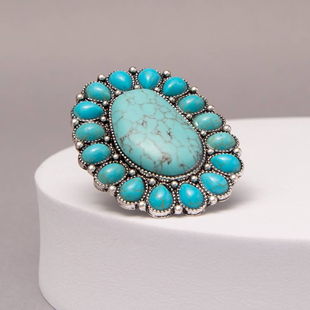Western Oval Turquoise Stretch Ring with Decorative Frame