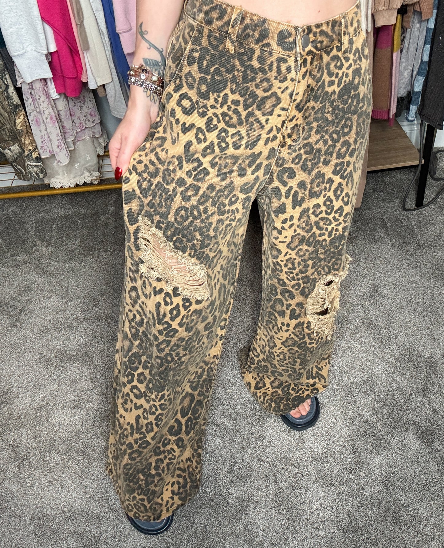 Leopard Mid Rise Distressed Jeans