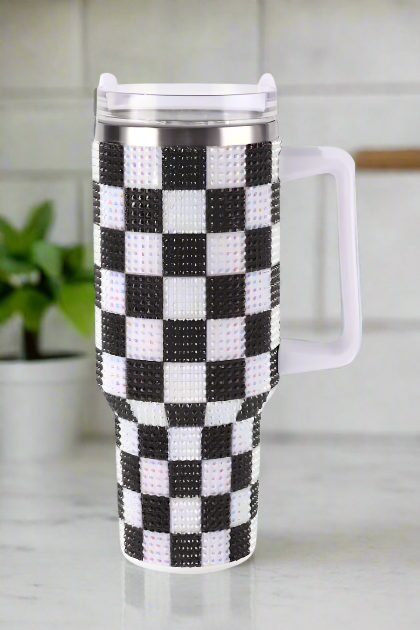 40 oz Black Check Rhinestone Tumbler