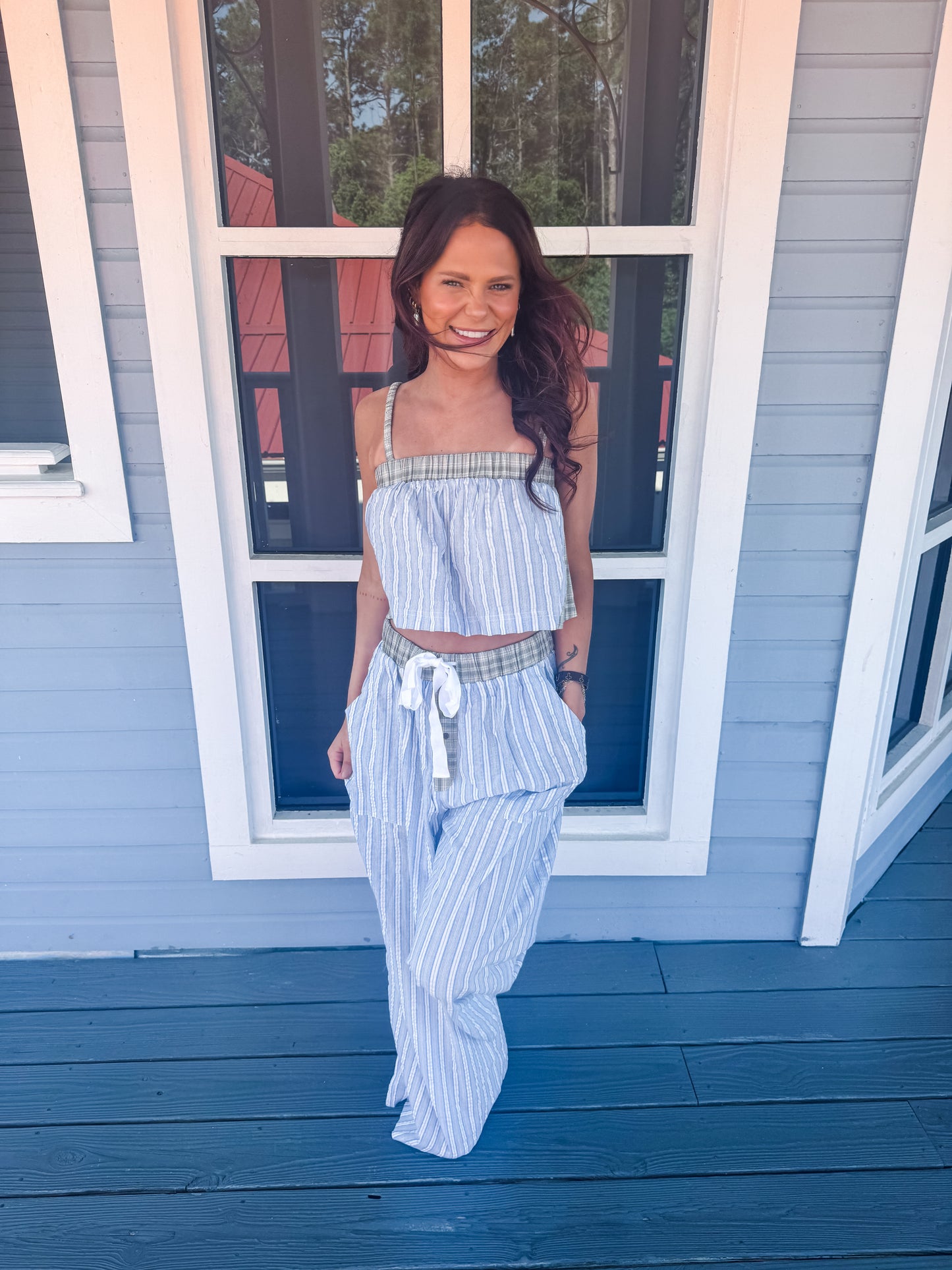 PLAID PATTERN TOP SET WITH STRIPE WIDE PANTS