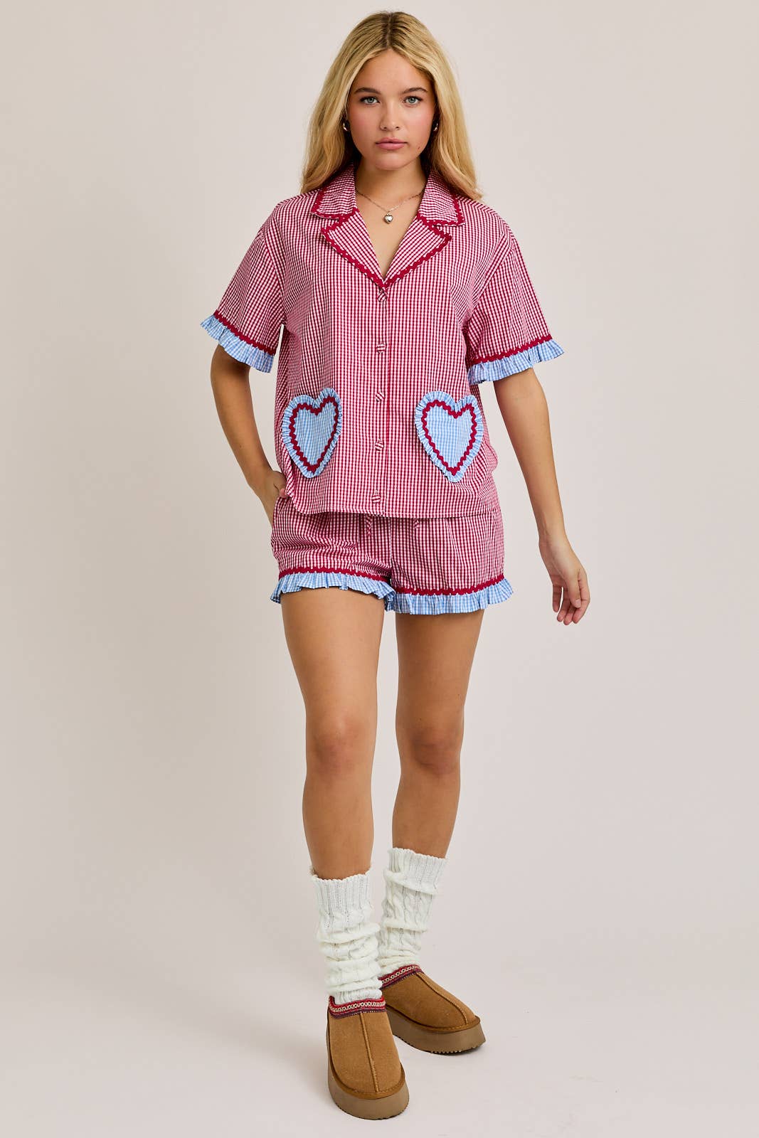 PAJAMA TOP WITH HEART SHAPE POCKET ON THE FRONT WITH SHORTS