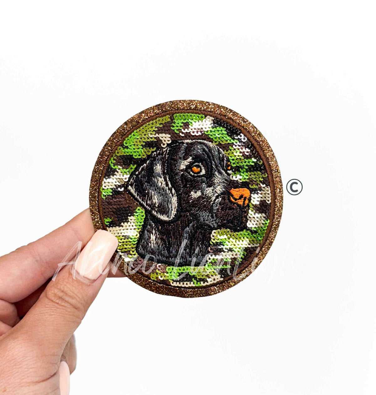 Chocolate Lab Hunting Camo Sequin Patch