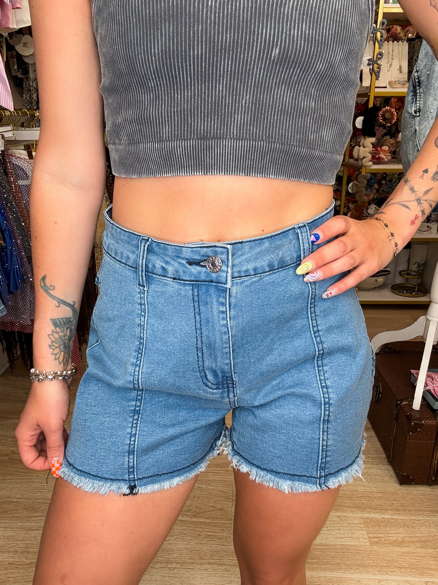 STAR SUEDE CUT OUT DENIM SHORTS