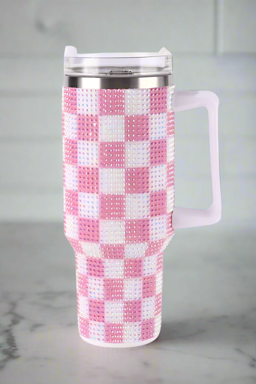 40 oz Pink Check Rhinestone Tumbler