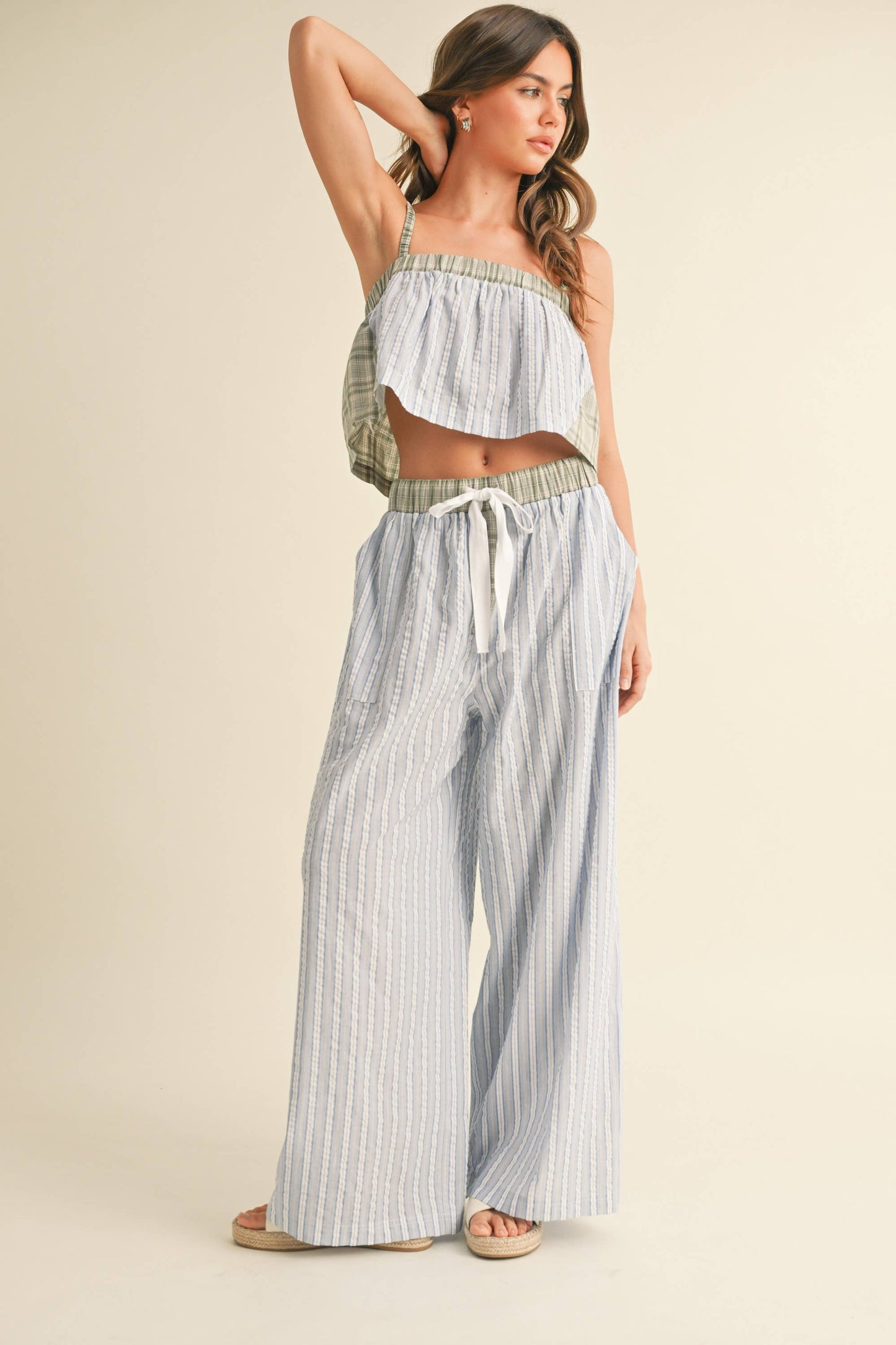 PLAID PATTERN TOP SET WITH STRIPE WIDE PANTS