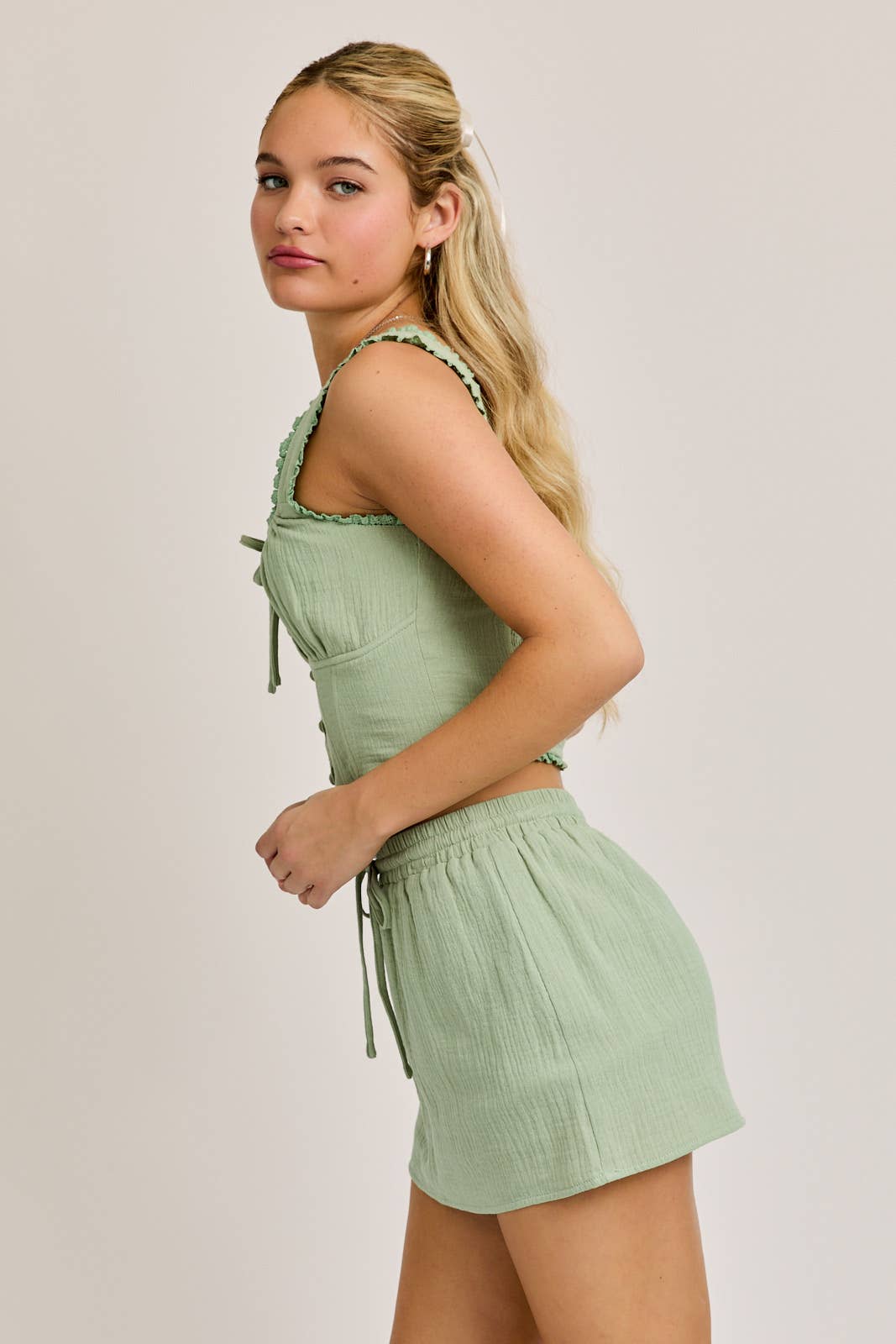 LACE TRIM DETAIL SMOCKED CORSET TOP WITH MINI SKORT