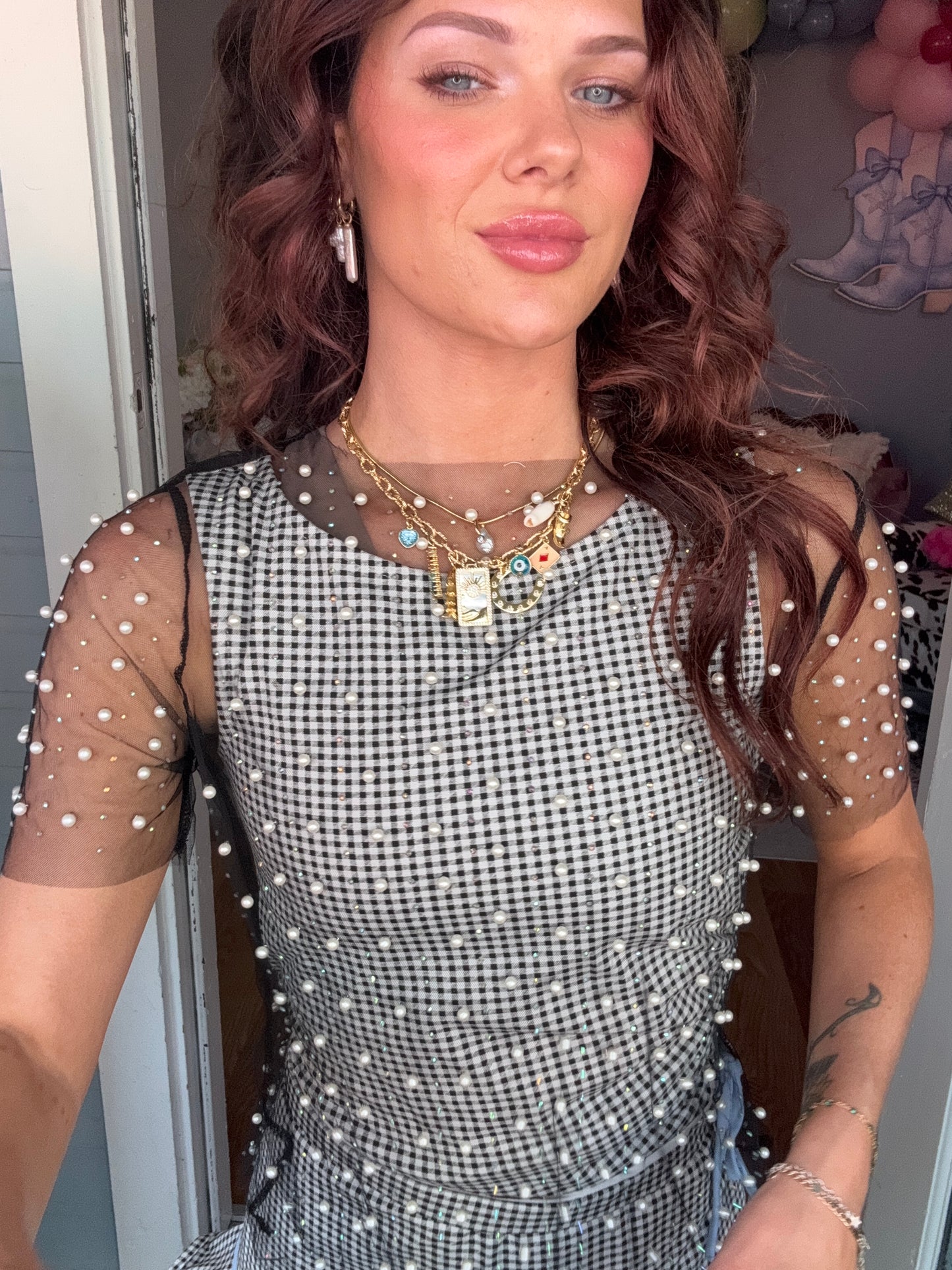 BEAD AND PEARL EMBELLISHED SHORT SLEEVES MESH TOP