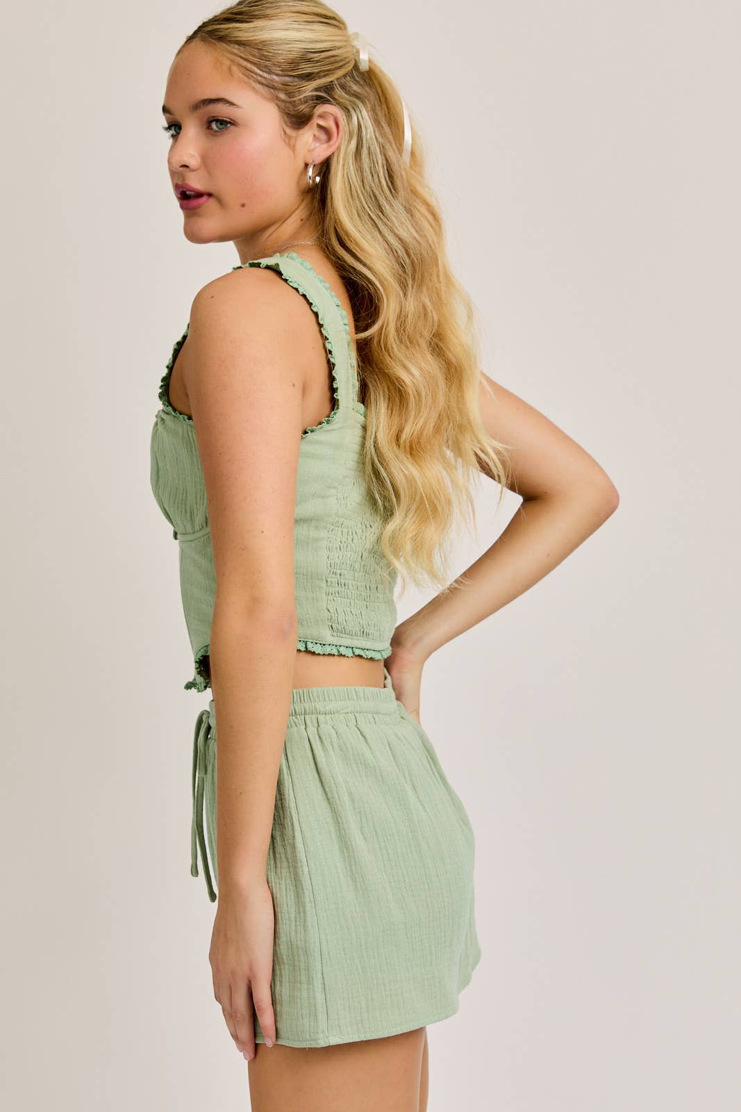 LACE TRIM DETAIL SMOCKED CORSET TOP WITH MINI SKORT