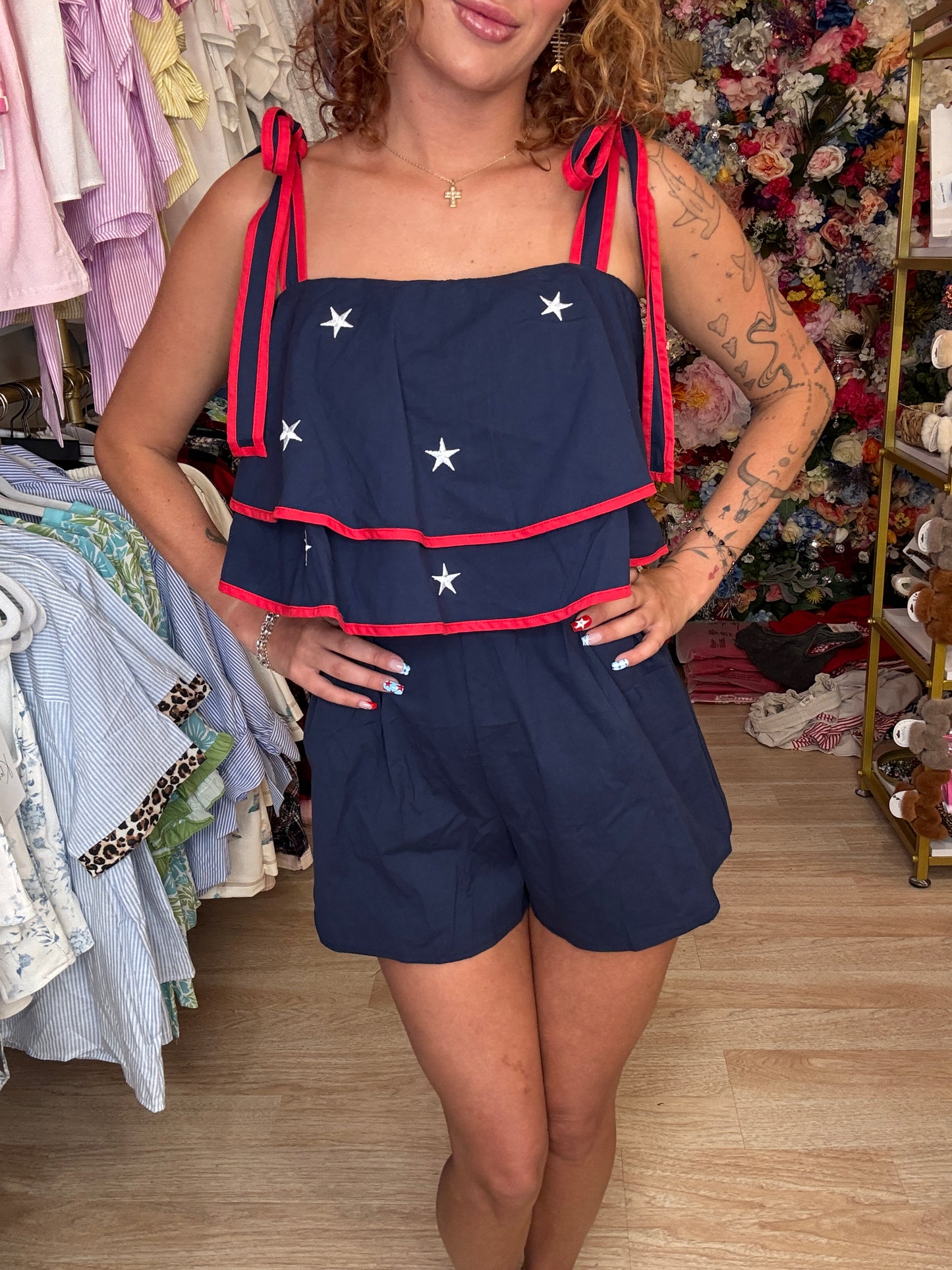 STAR EMBROIDERED RUFFLE TIE SHOULDER ROMPER