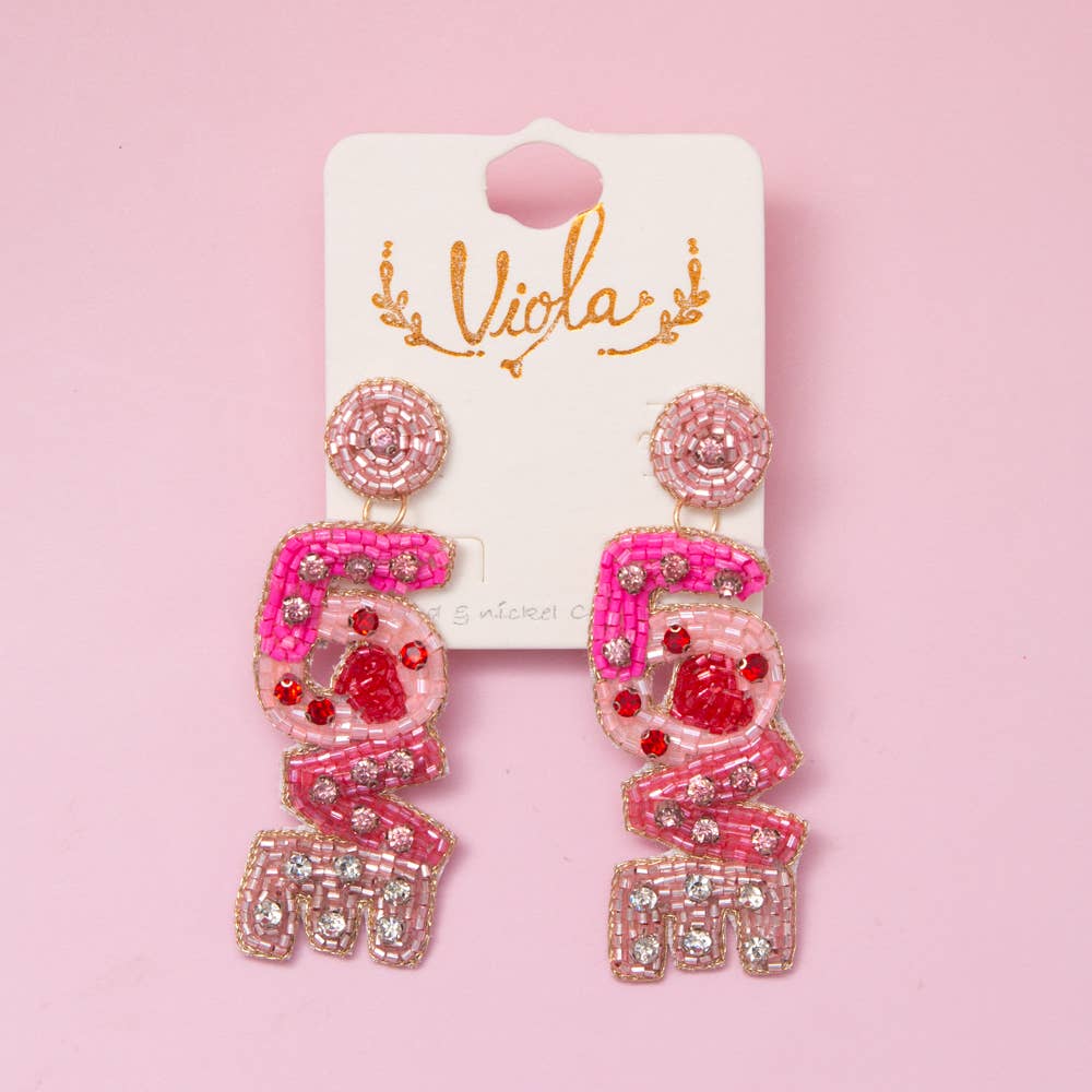 Valentine “Love” Seed Beaded Post Dangle Earrings