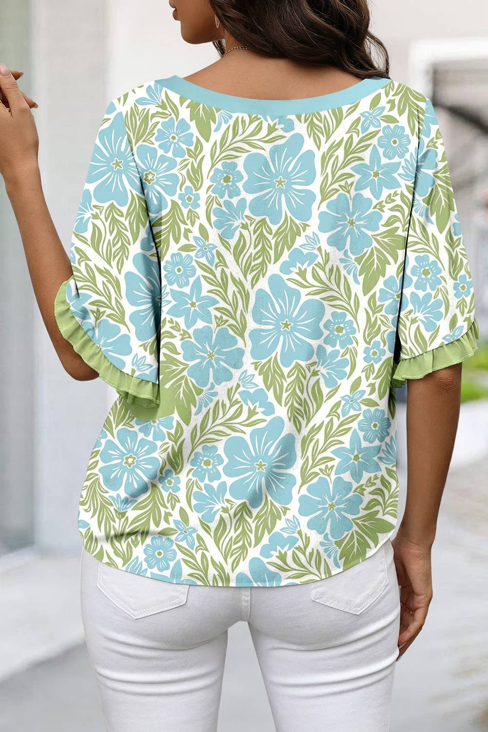 Floral Print Frill Contrast Trim S/S 26 Blouse | S-XL