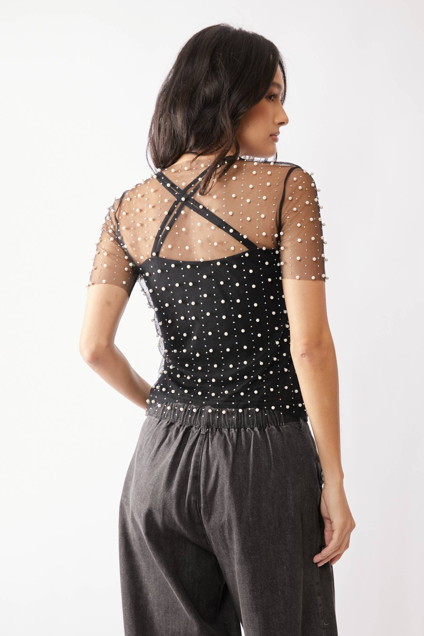 BEAD AND PEARL EMBELLISHED SHORT SLEEVES MESH TOP