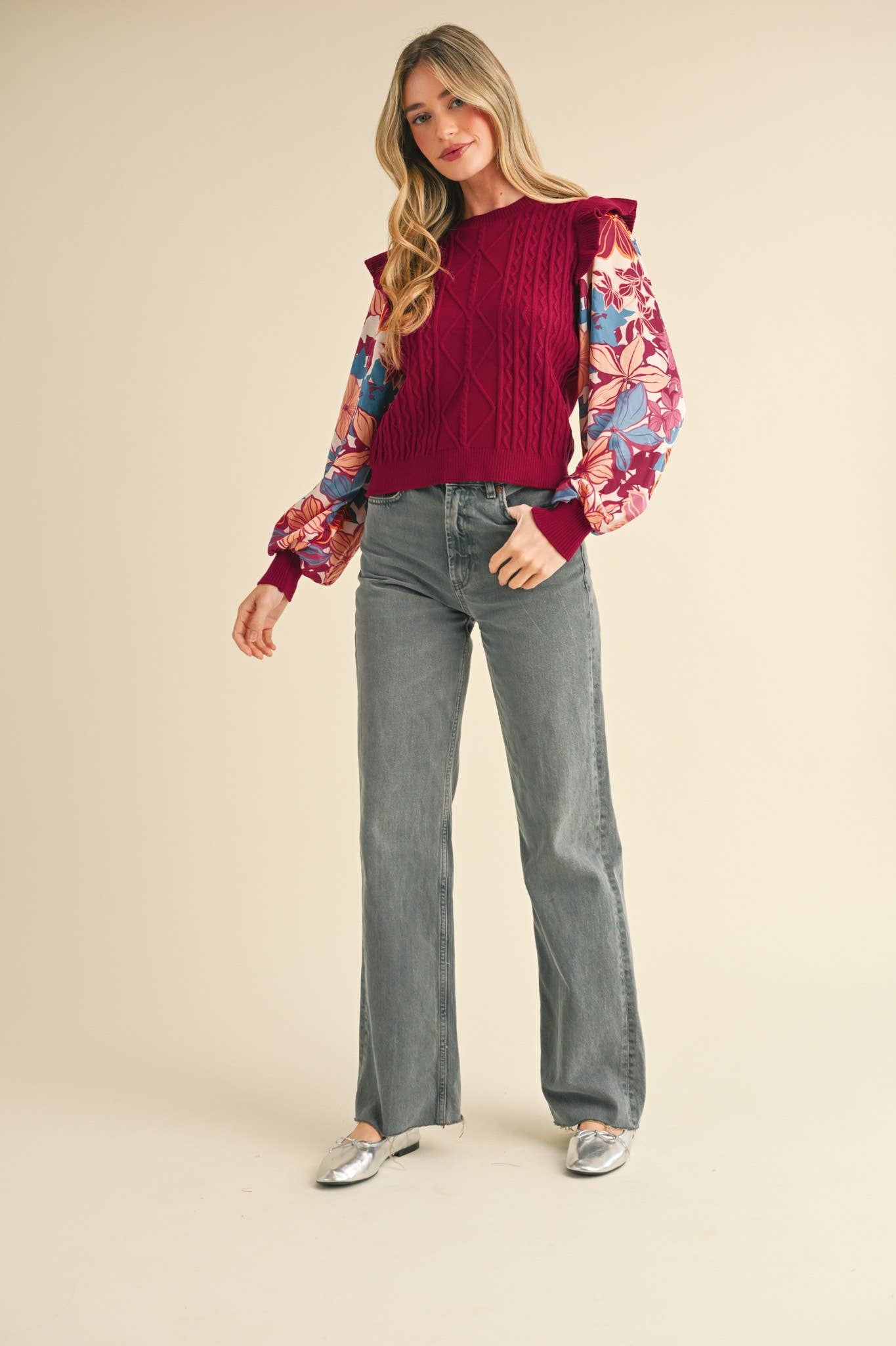 MIXED MEDIA SWEATER TOP WITH WOVEN SLEEVES MSW10749