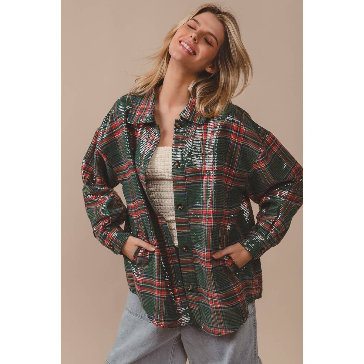 CLEAR SEQUIN PLAID CHRISTMAS SHIRT