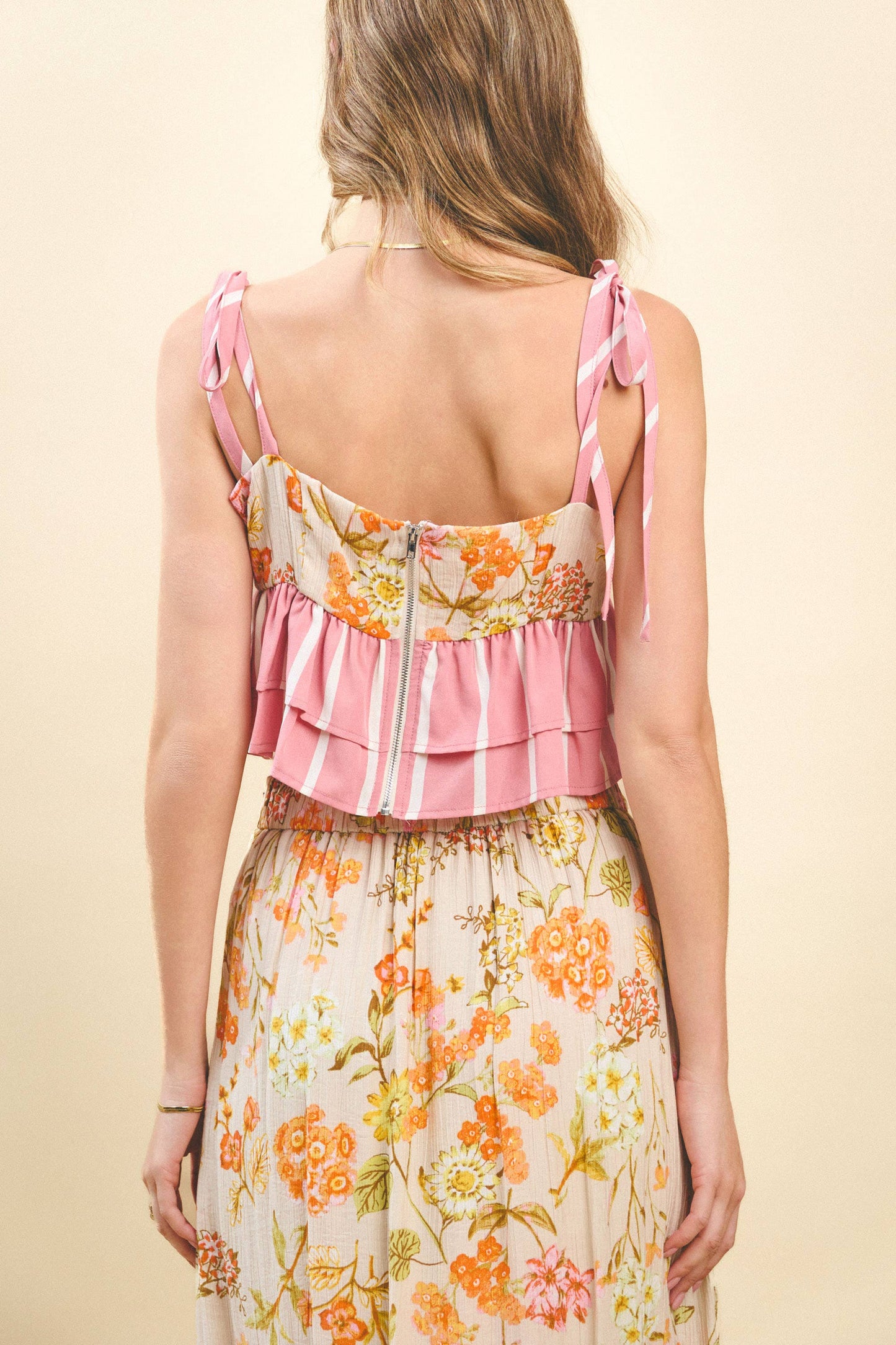 Floral Print Contrast Striped Ruffle Hem Top
