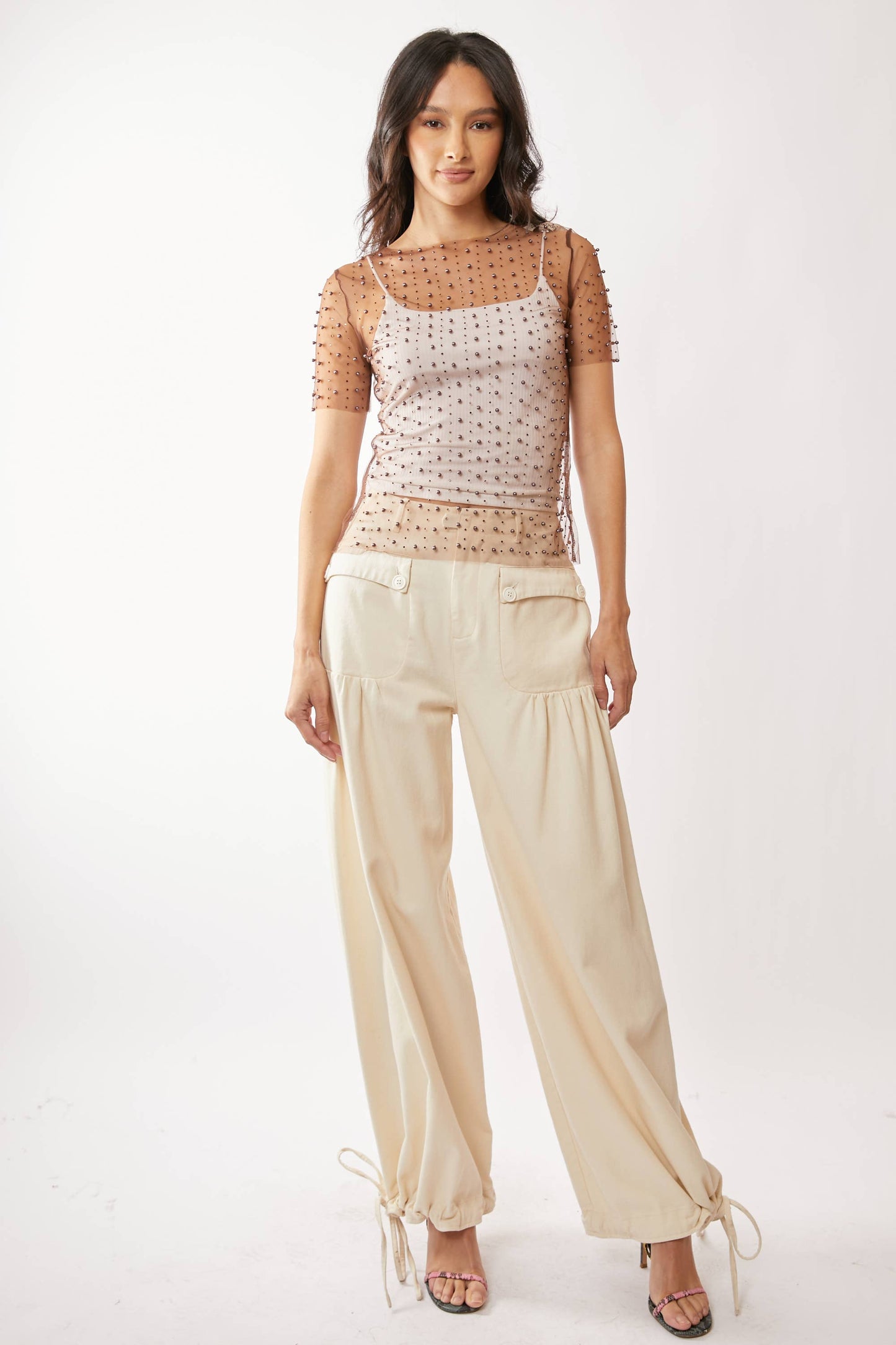 BEAD AND PEARL EMBELLISHED SHORT SLEEVES MESH TOP
