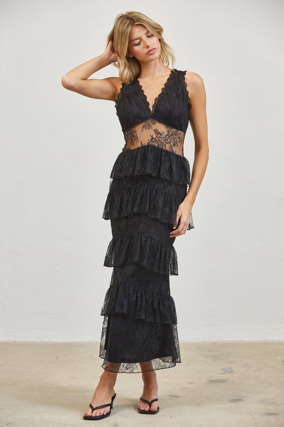 Sheer Lace Waist Tiered Ruffle Midi Dress
