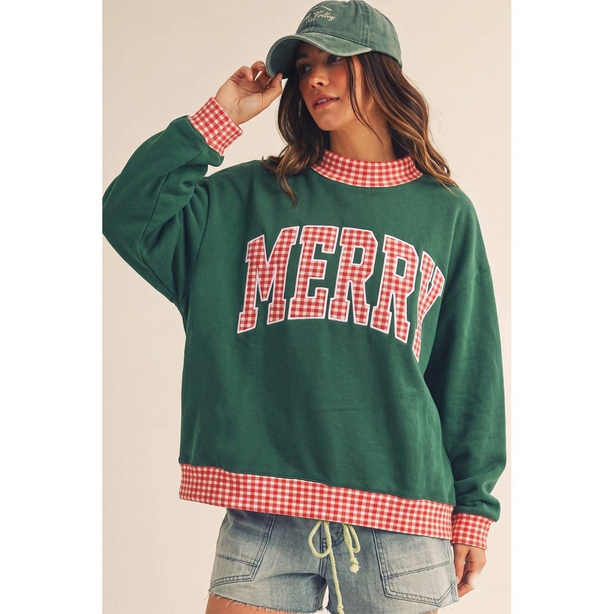 Christmas Merry Gingham Plaid Trim Patch Pullover