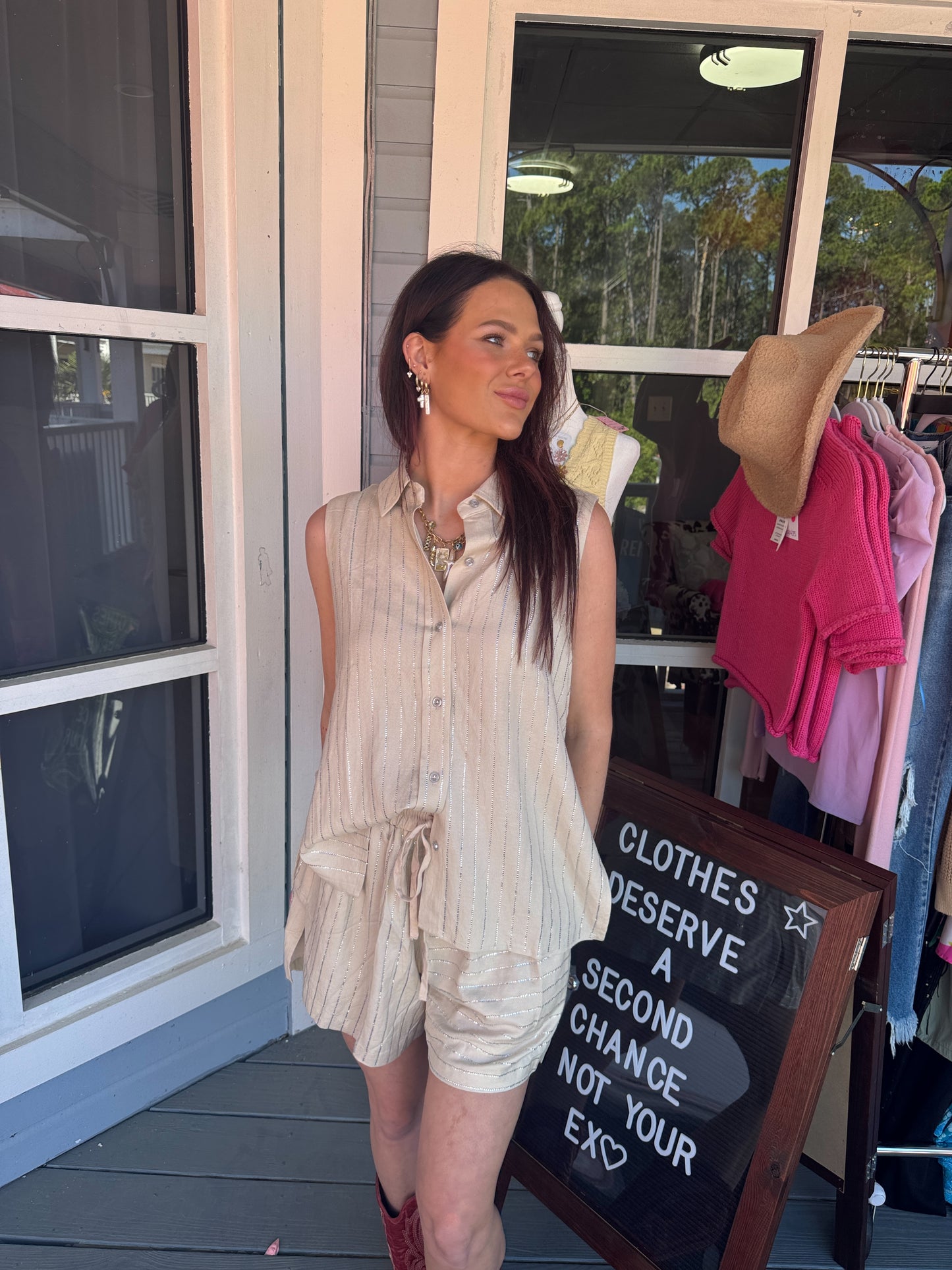 Stripe Rhinestone Sleeveless Collared Shirt