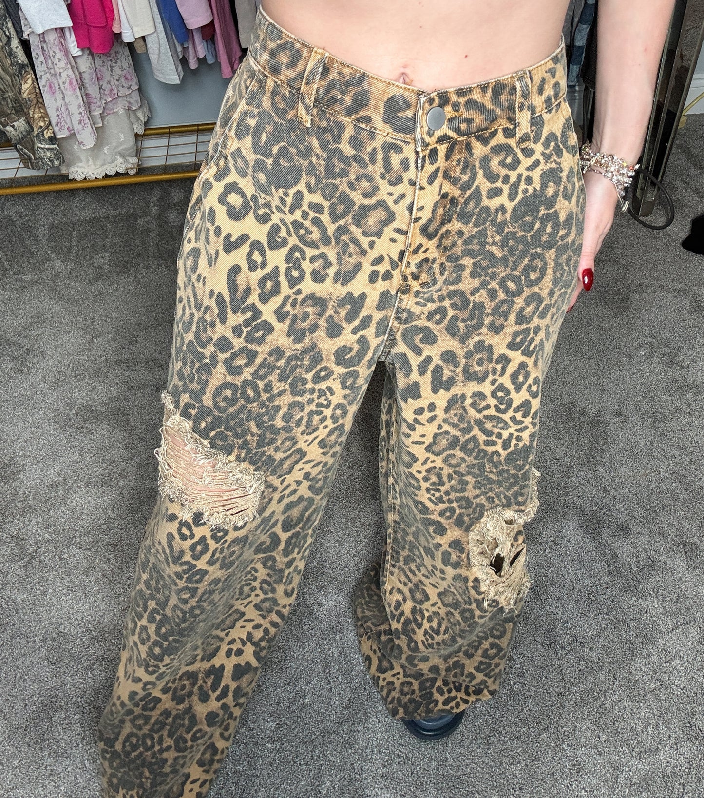 Leopard Mid Rise Distressed Jeans