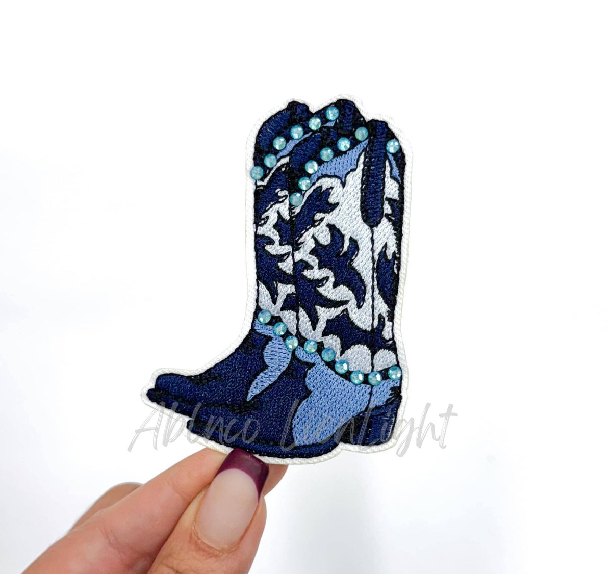 Blue Rhinestone Cowgirl Boot Embroidery Patch