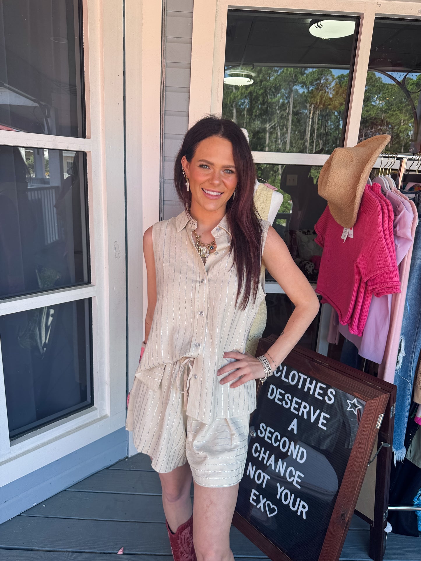 Stripe Rhinestone Sleeveless Collared Shirt