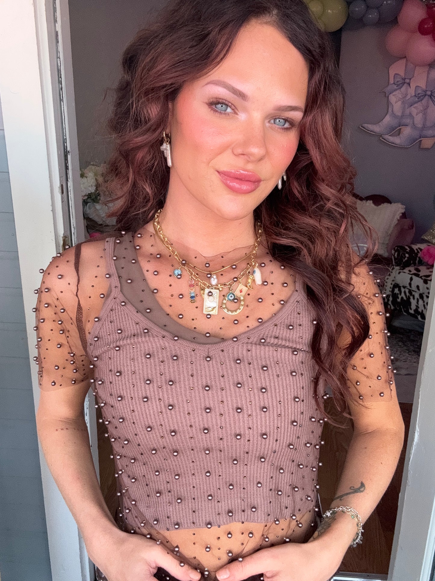 BEAD AND PEARL EMBELLISHED SHORT SLEEVES MESH TOP