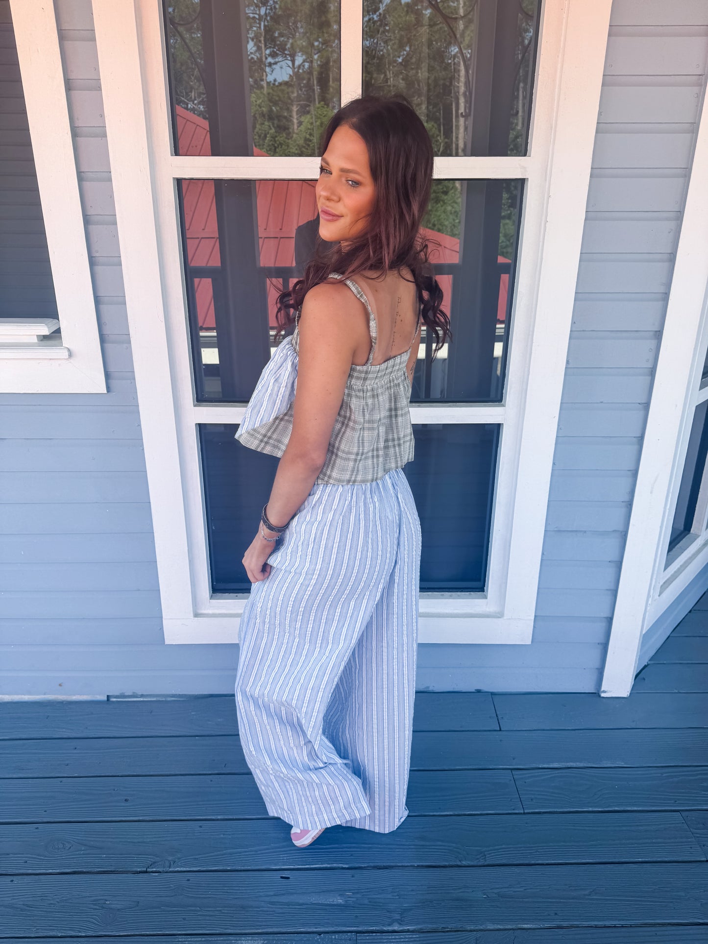 PLAID PATTERN TOP SET WITH STRIPE WIDE PANTS