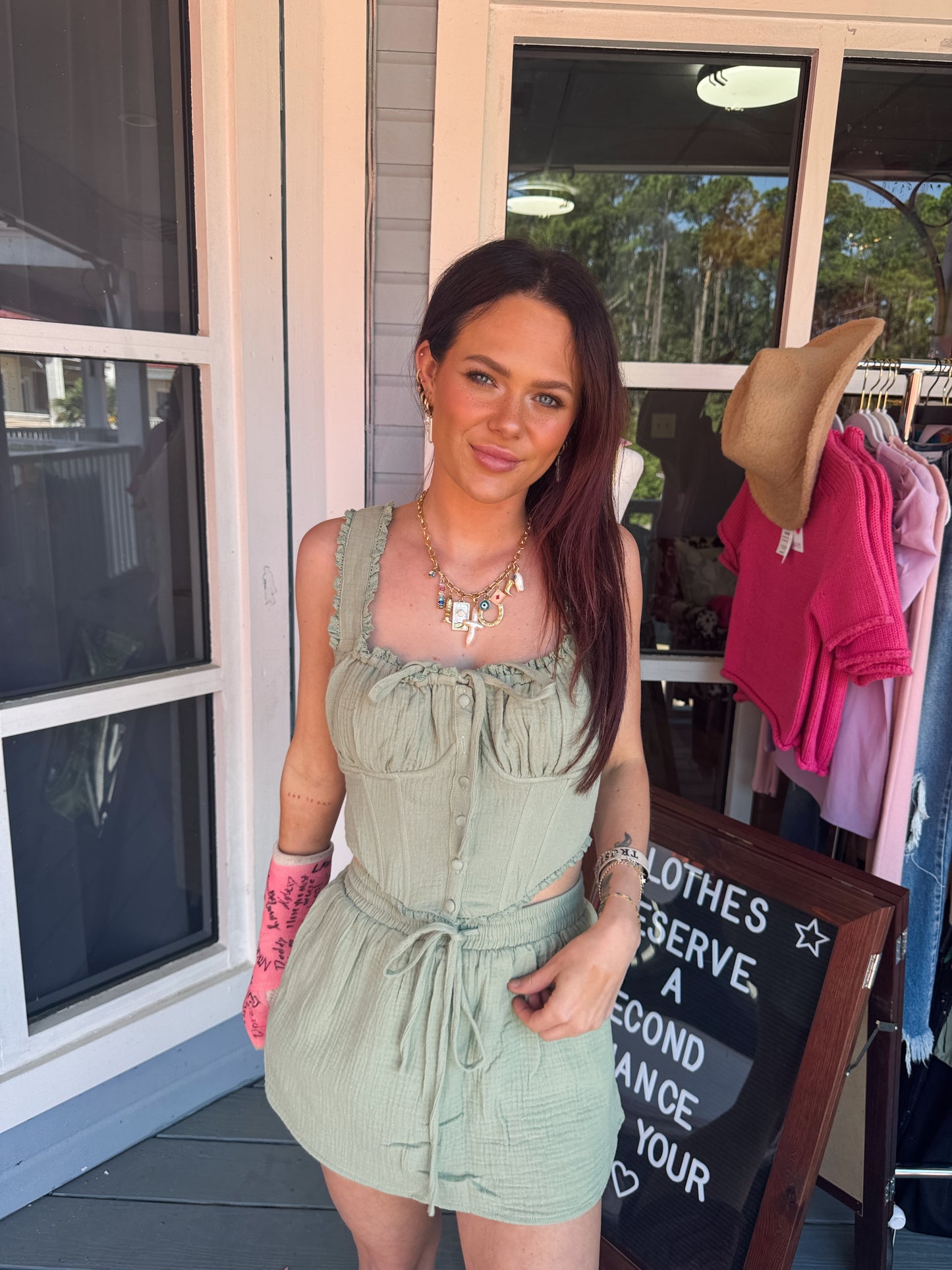 LACE TRIM DETAIL SMOCKED CORSET TOP WITH MINI SKORT