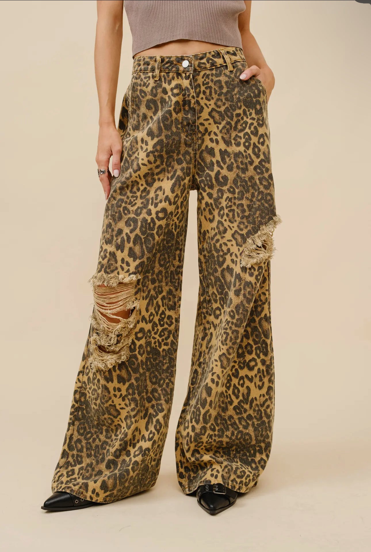 Leopard Mid Rise Distressed Jeans