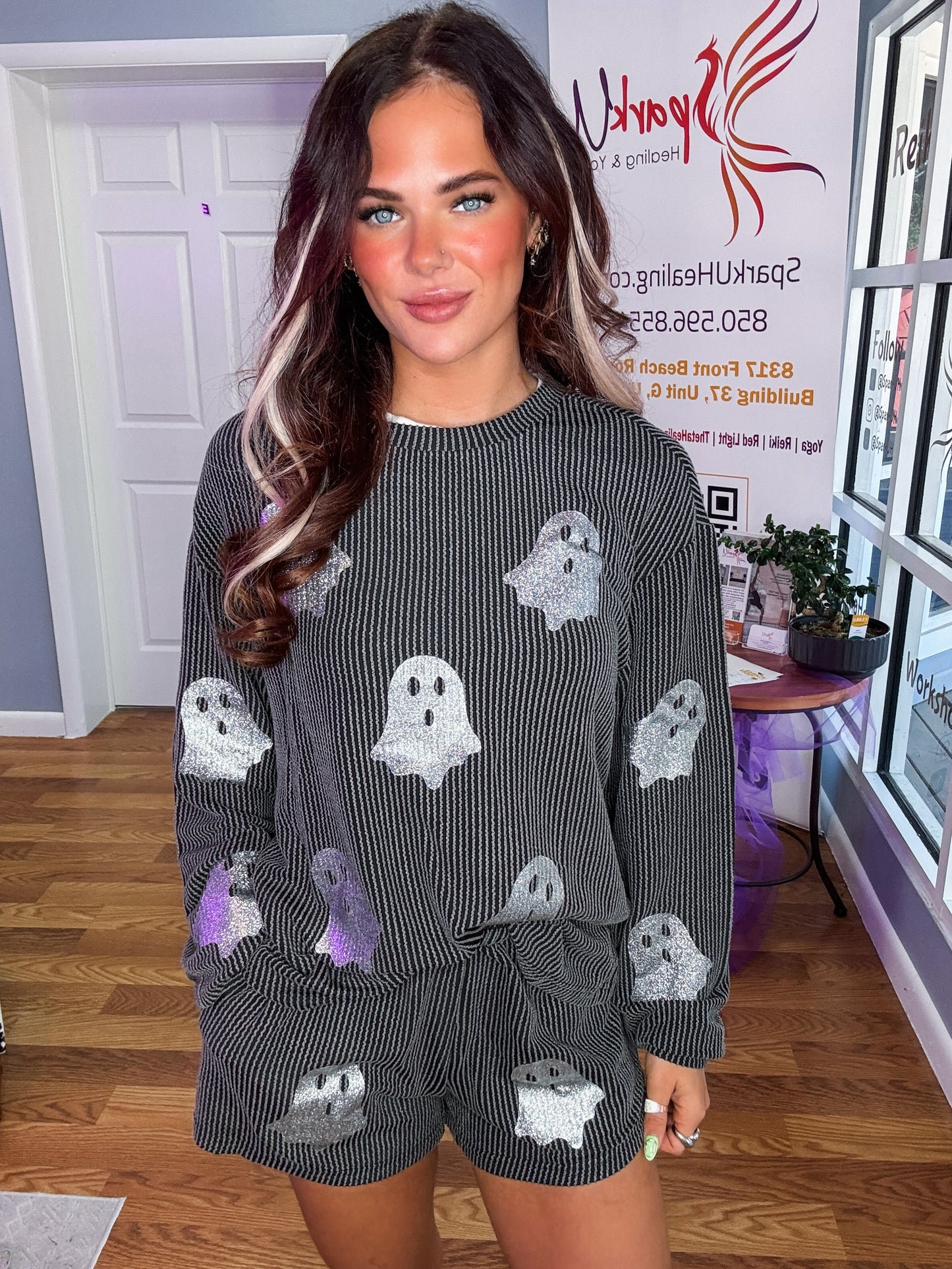 Halloween Ghost Sequin Graphic Corded Pajamas Set | S-2XL
