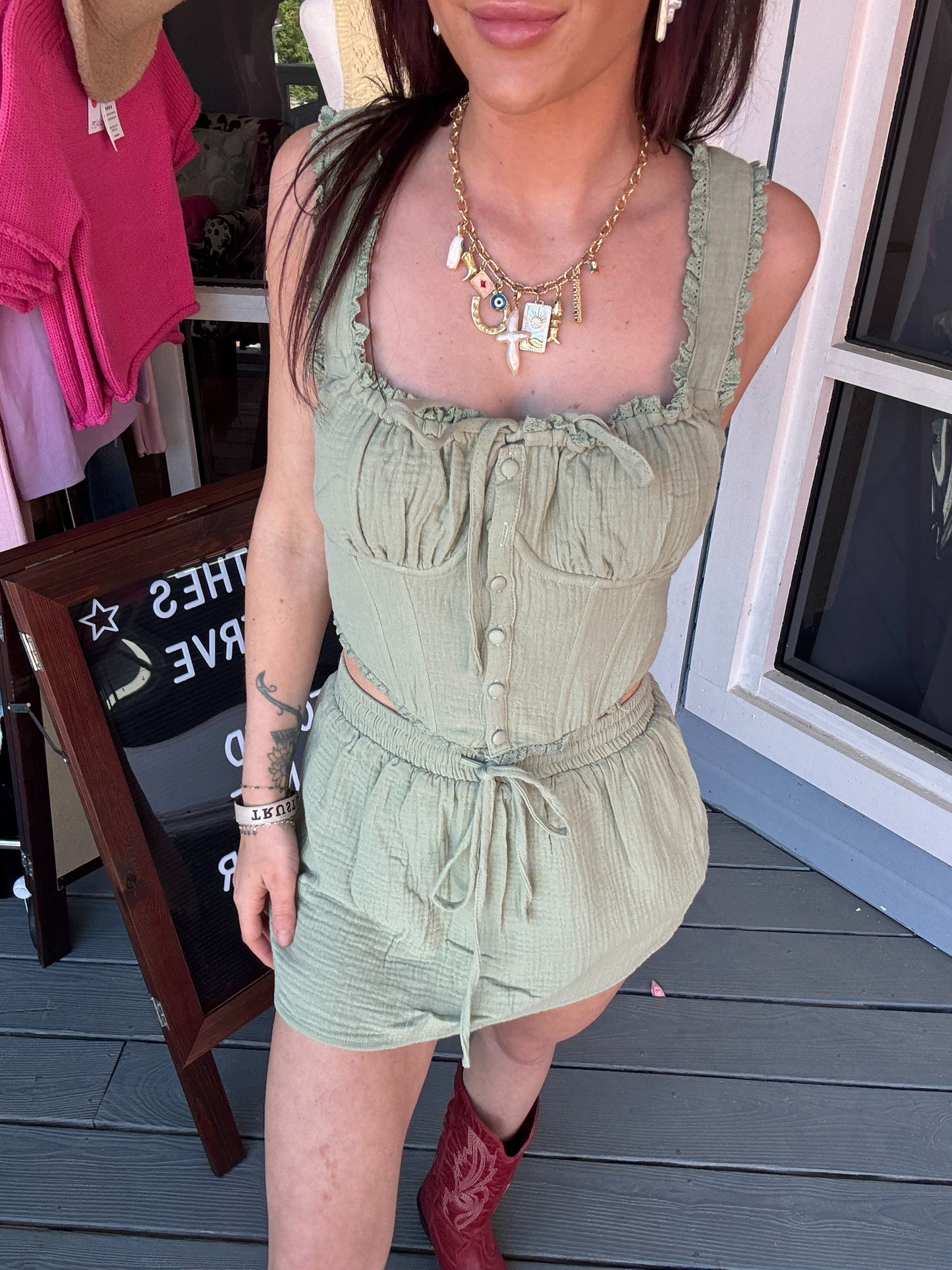 LACE TRIM DETAIL SMOCKED CORSET TOP WITH MINI SKORT