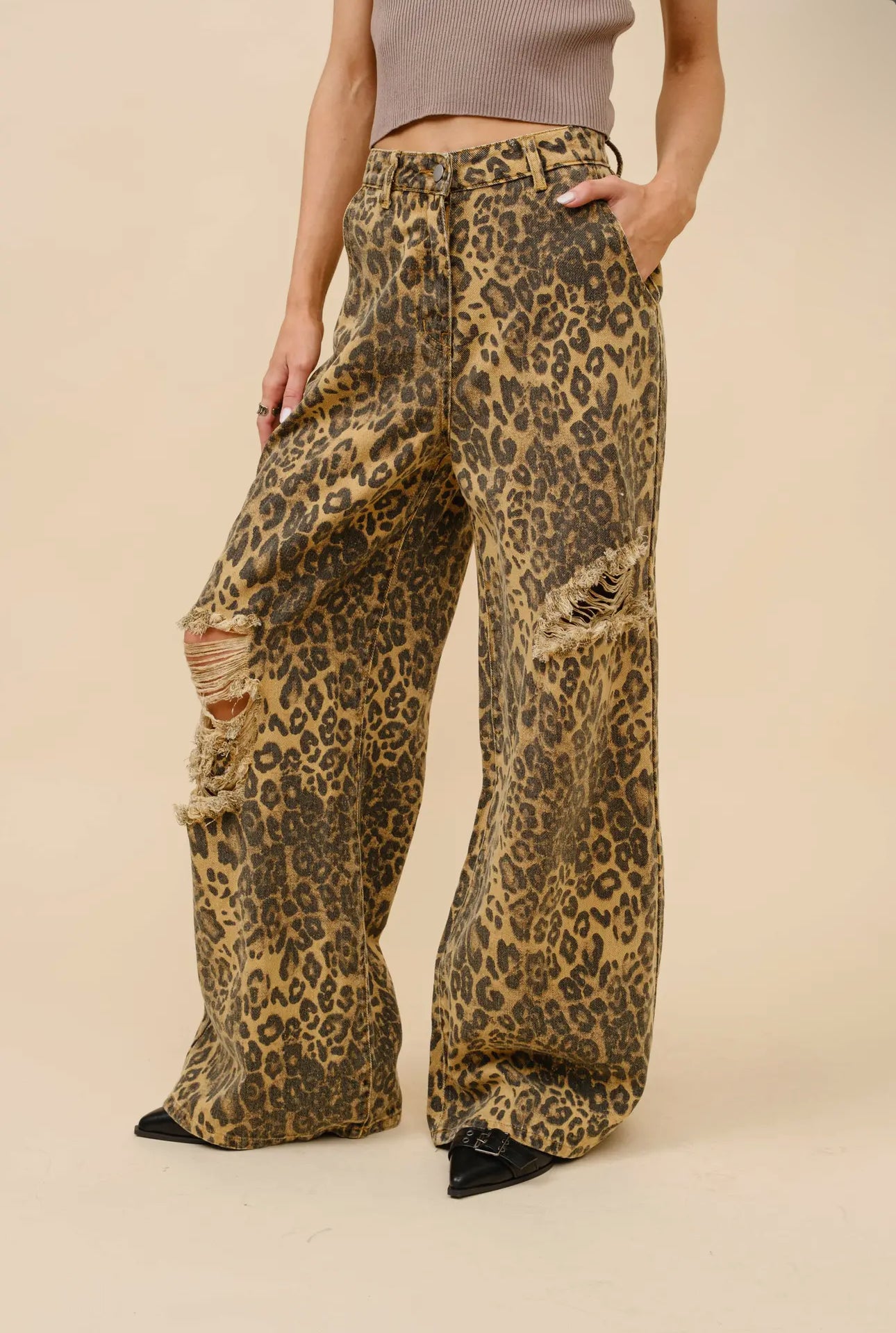 Leopard Mid Rise Distressed Jeans