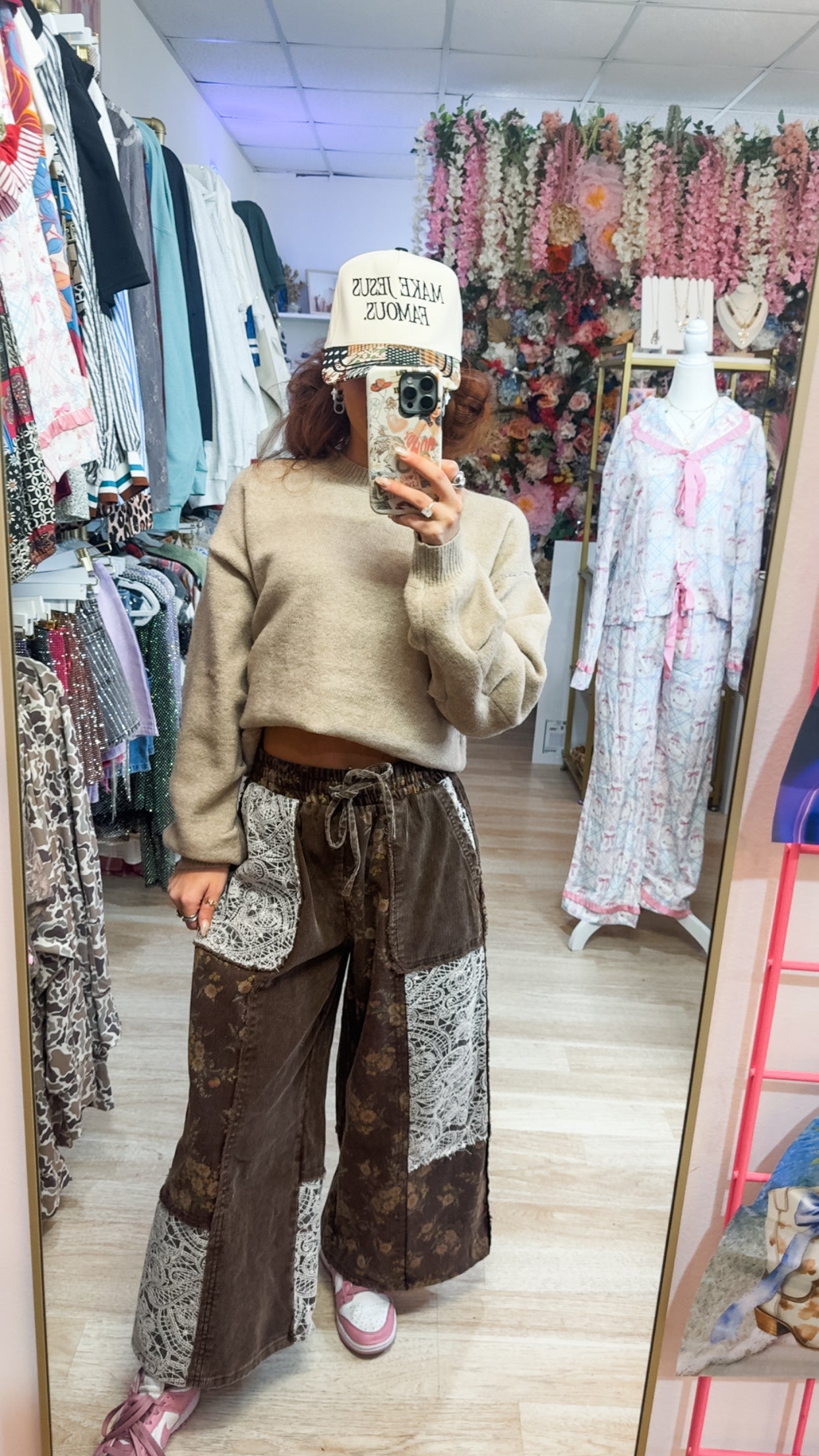 Corduroy Lace Floral Wide Leg Pants