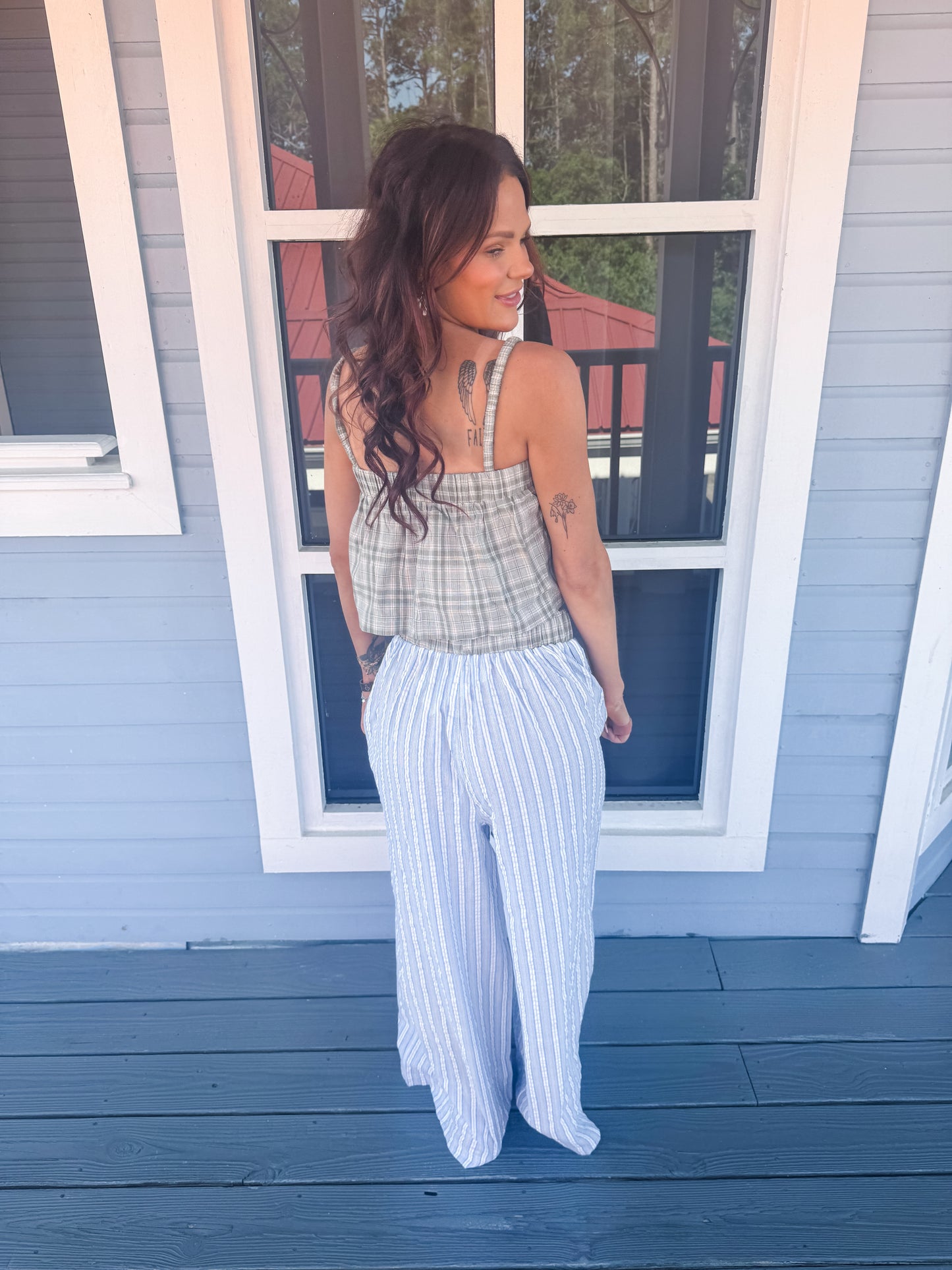 PLAID PATTERN TOP SET WITH STRIPE WIDE PANTS