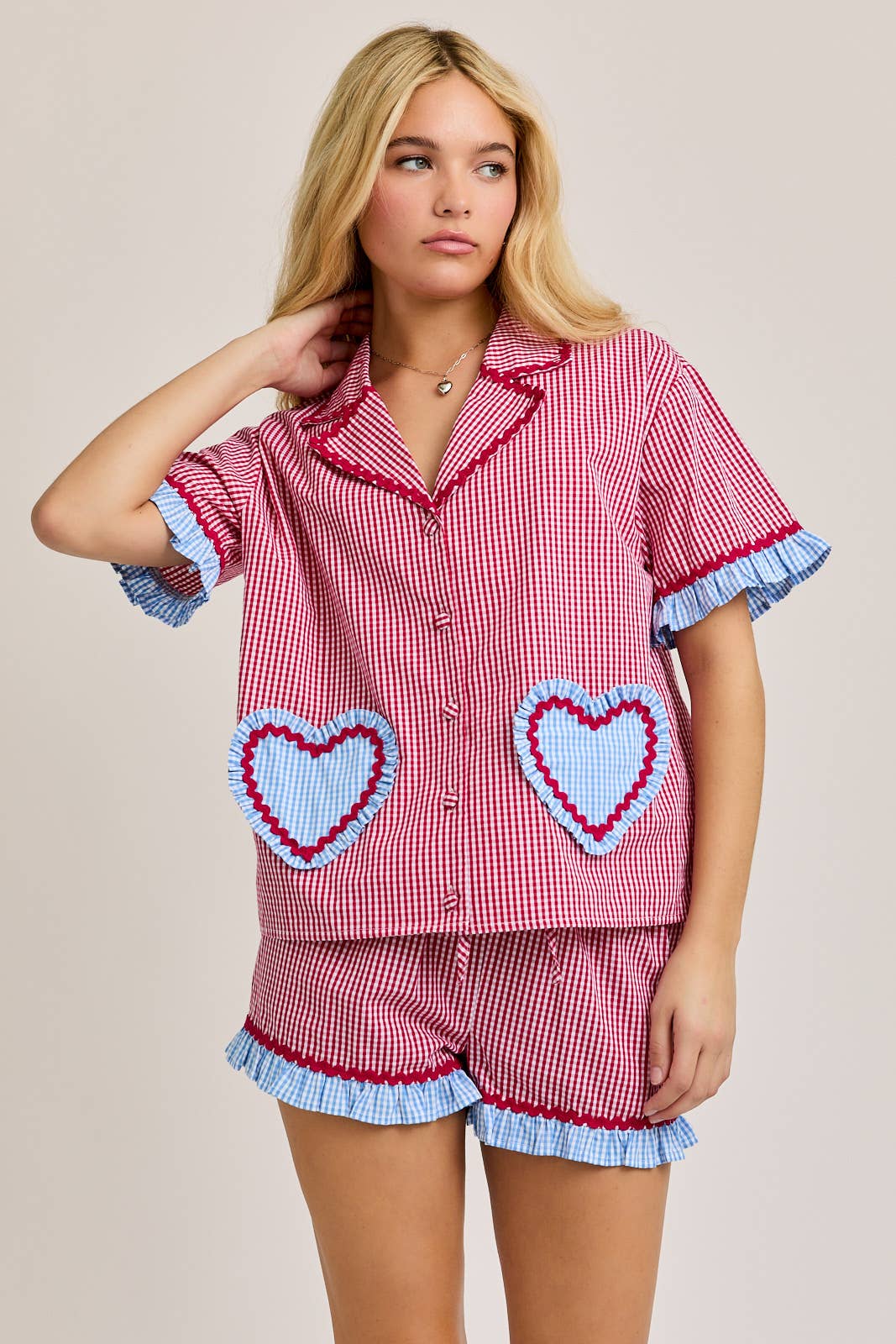 PAJAMA TOP WITH HEART SHAPE POCKET ON THE FRONT WITH SHORTS