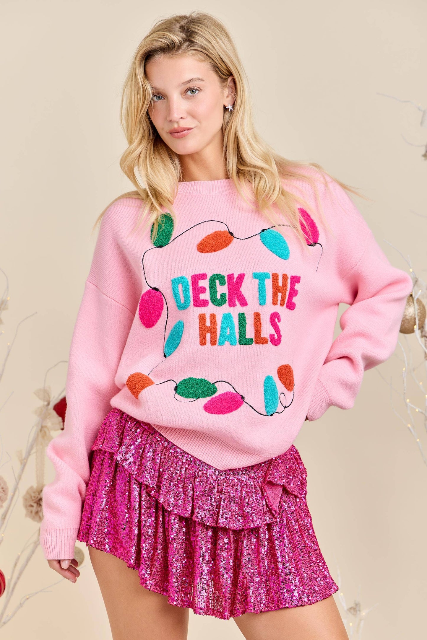 Deck the Halls Pink Christmas Knit Sweater Holiday Pullover