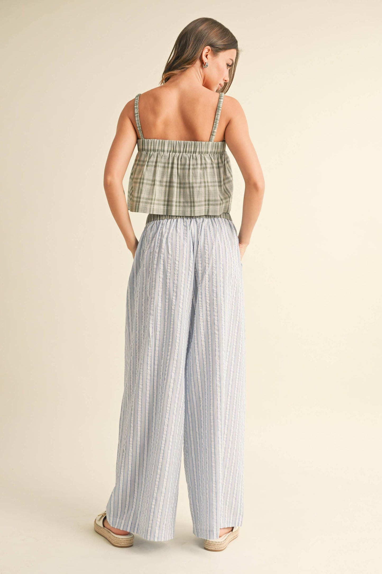 PLAID PATTERN TOP SET WITH STRIPE WIDE PANTS