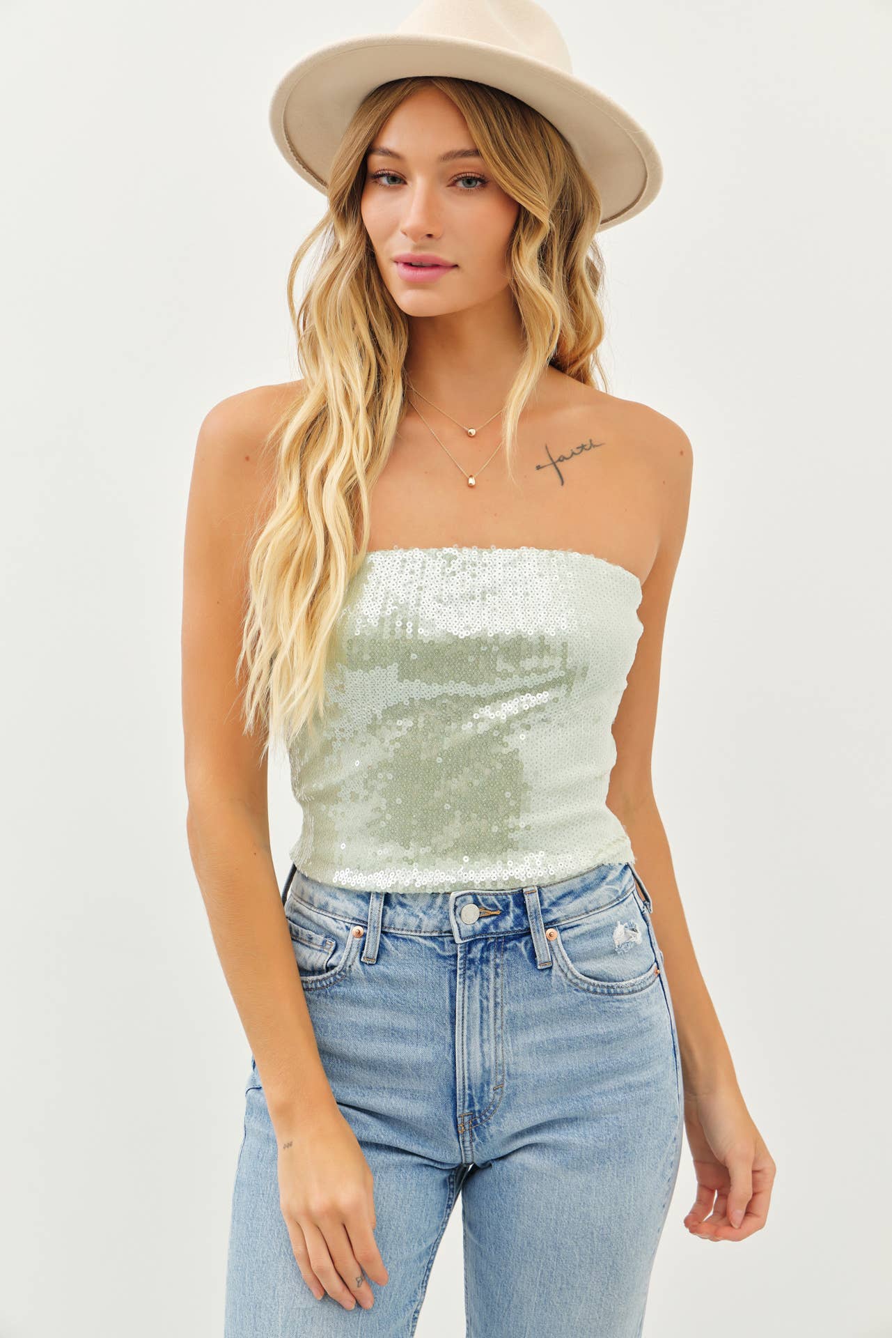EASY-TO-LAYER STRETCHY CLEAR SEQUIN TUBE TOP