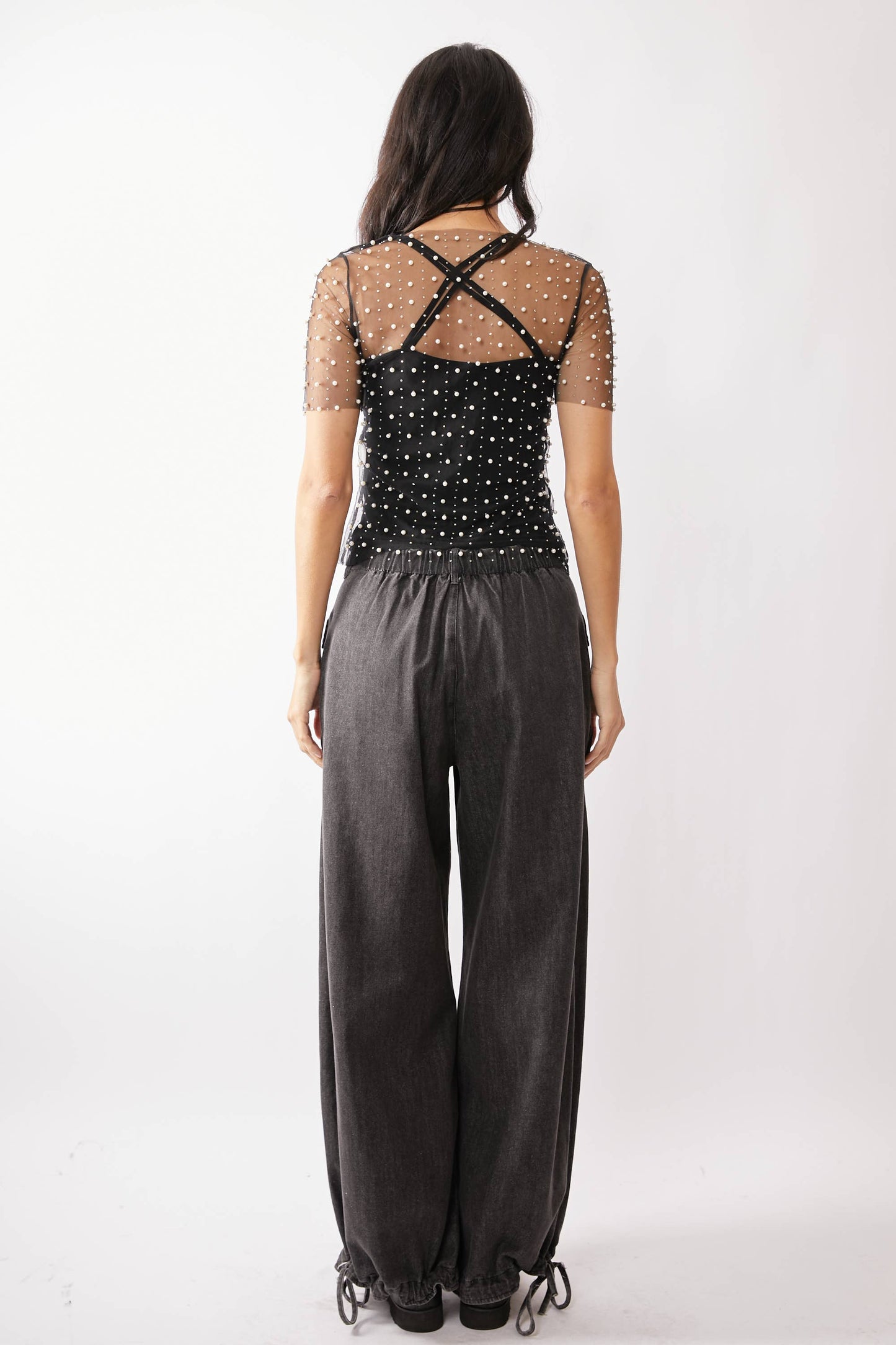 BEAD AND PEARL EMBELLISHED SHORT SLEEVES MESH TOP