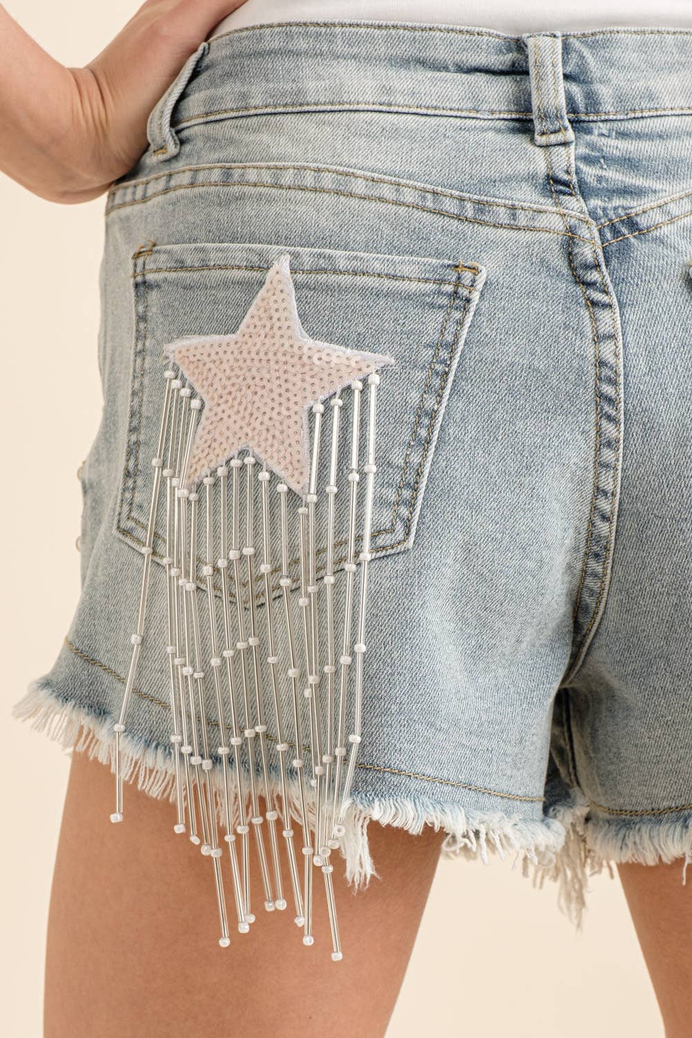 Garment Washed Star Fringe Denim Shorts