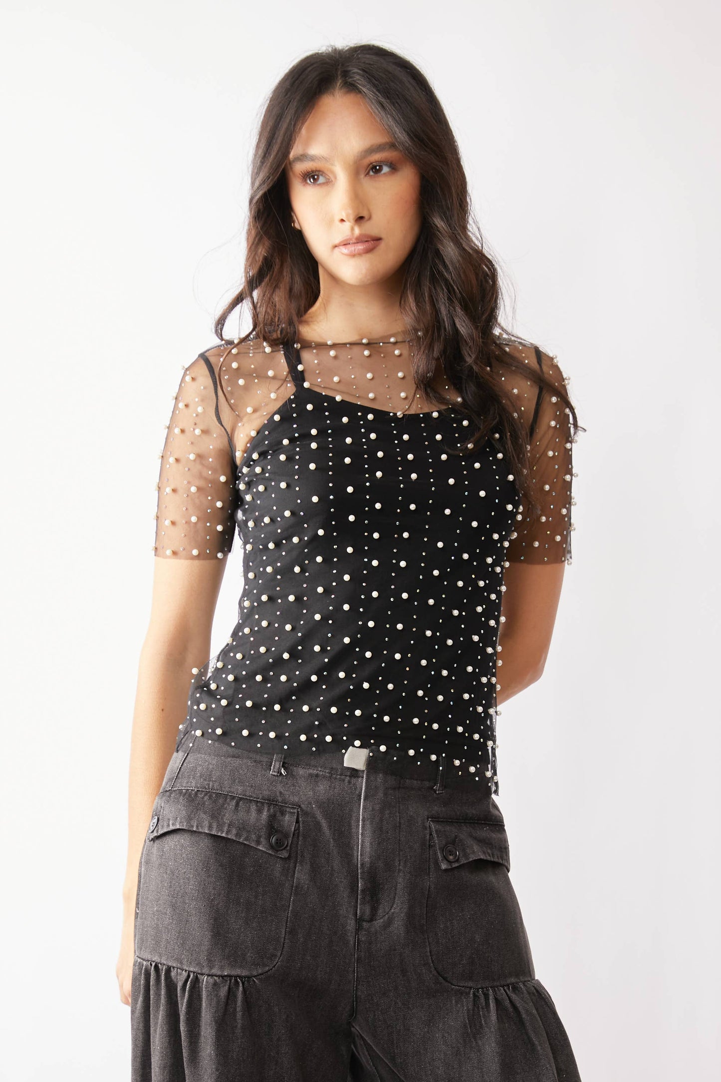 BEAD AND PEARL EMBELLISHED SHORT SLEEVES MESH TOP